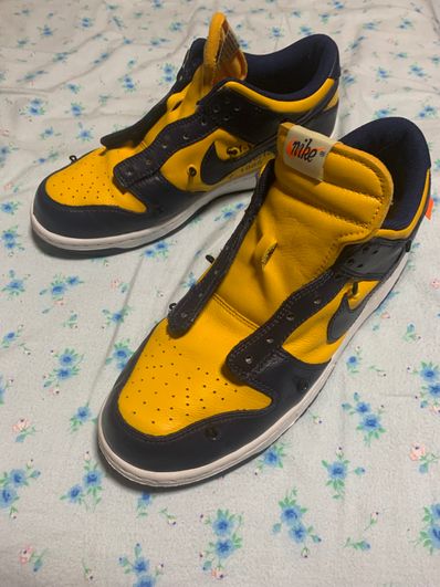 Off-White × Nike Dunk Low LTHR "University Gold/Midnight Navy/White"