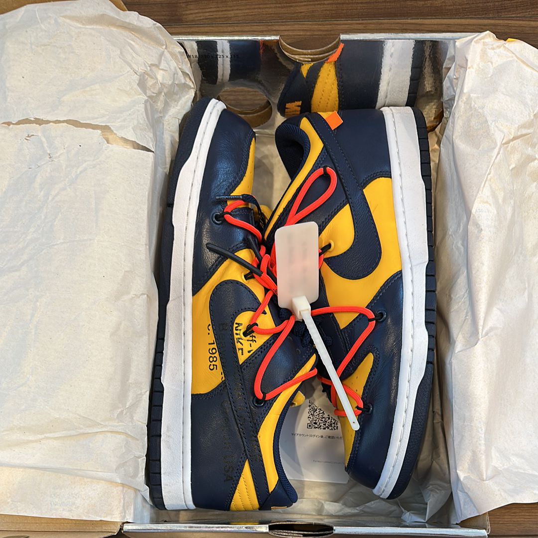Off-White × Nike Dunk Low LTHR "University Gold/Midnight Navy/White"