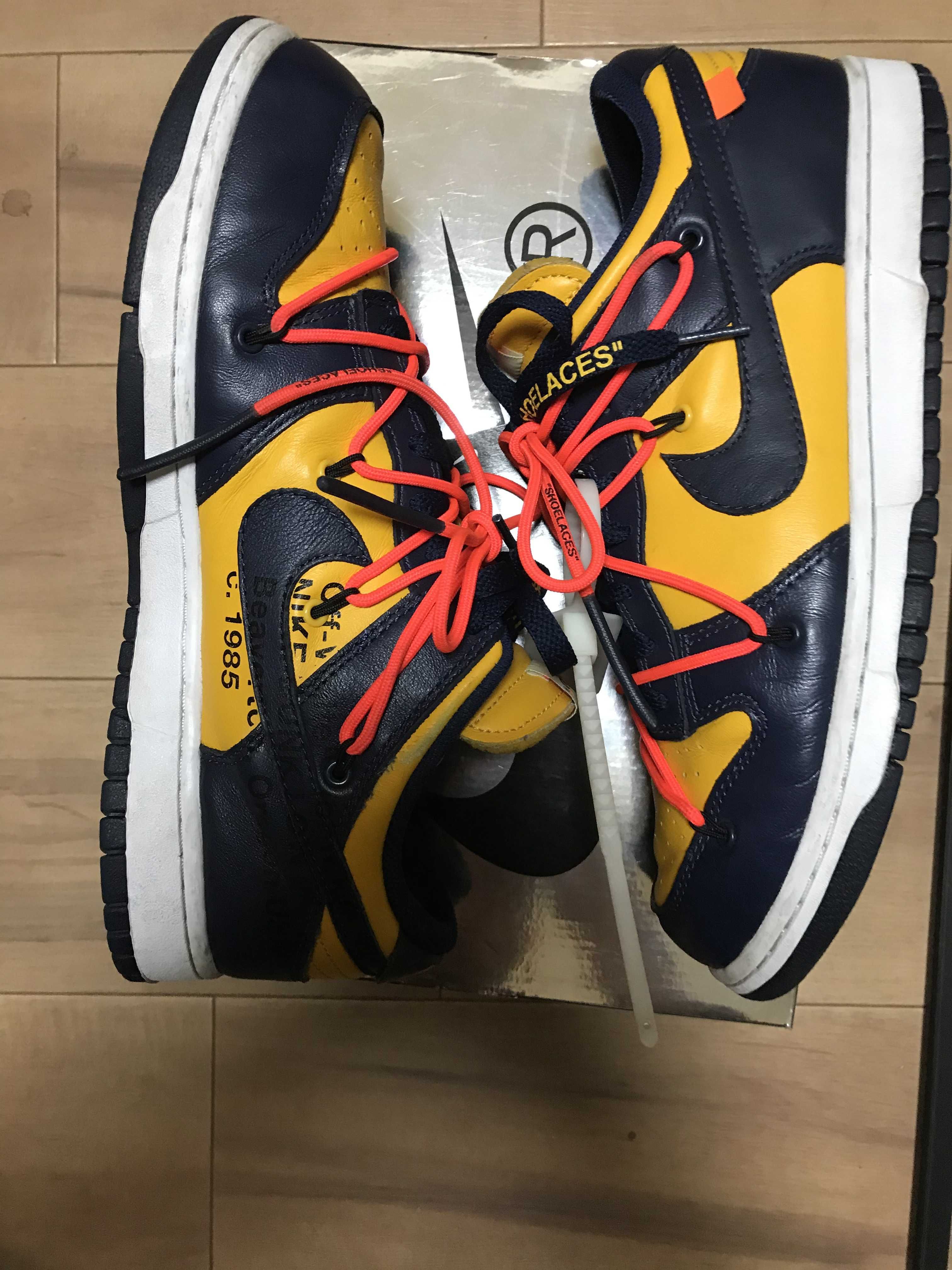Off-White × Nike Dunk Low LTHR "University Gold/Midnight Navy/White"