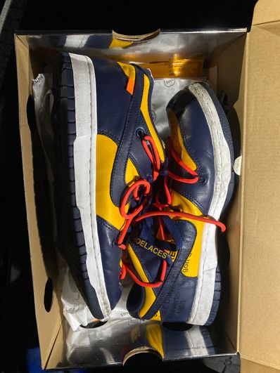 Off-White × Nike Dunk Low LTHR "University Gold/Midnight Navy/White"