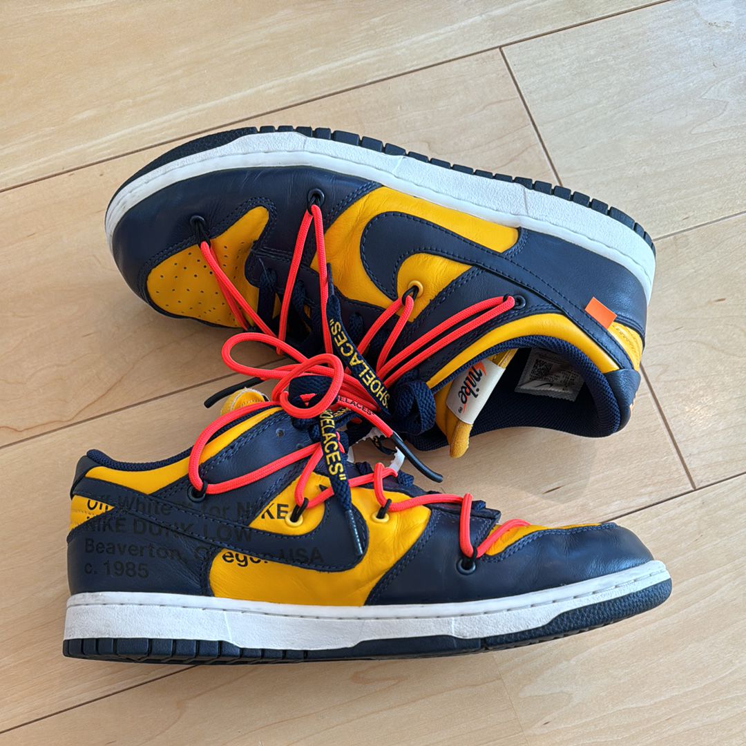 Off-White × Nike Dunk Low LTHR "University Gold/Midnight Navy/White"