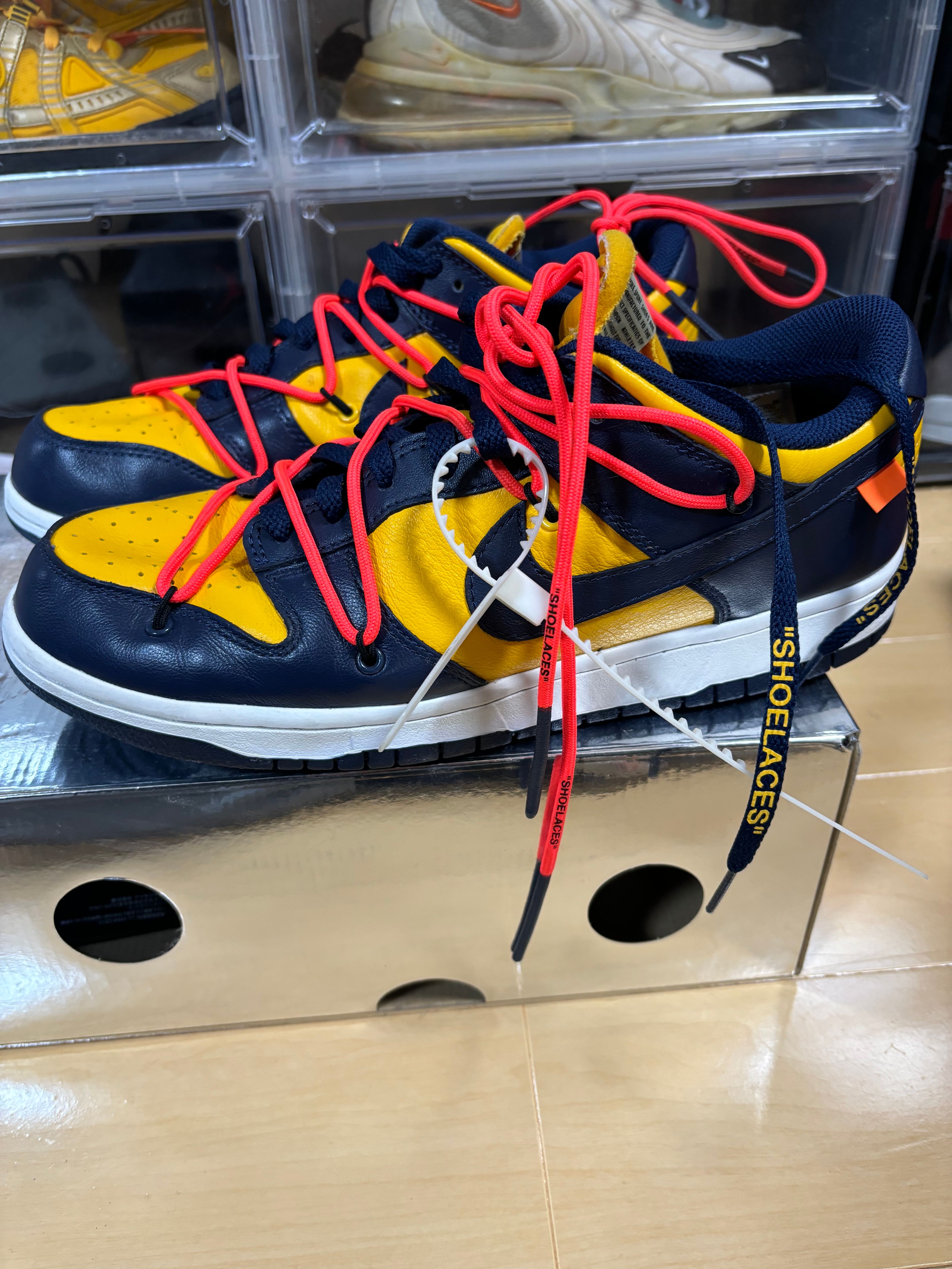Off-White × Nike Dunk Low LTHR "University Gold/Midnight Navy/White"