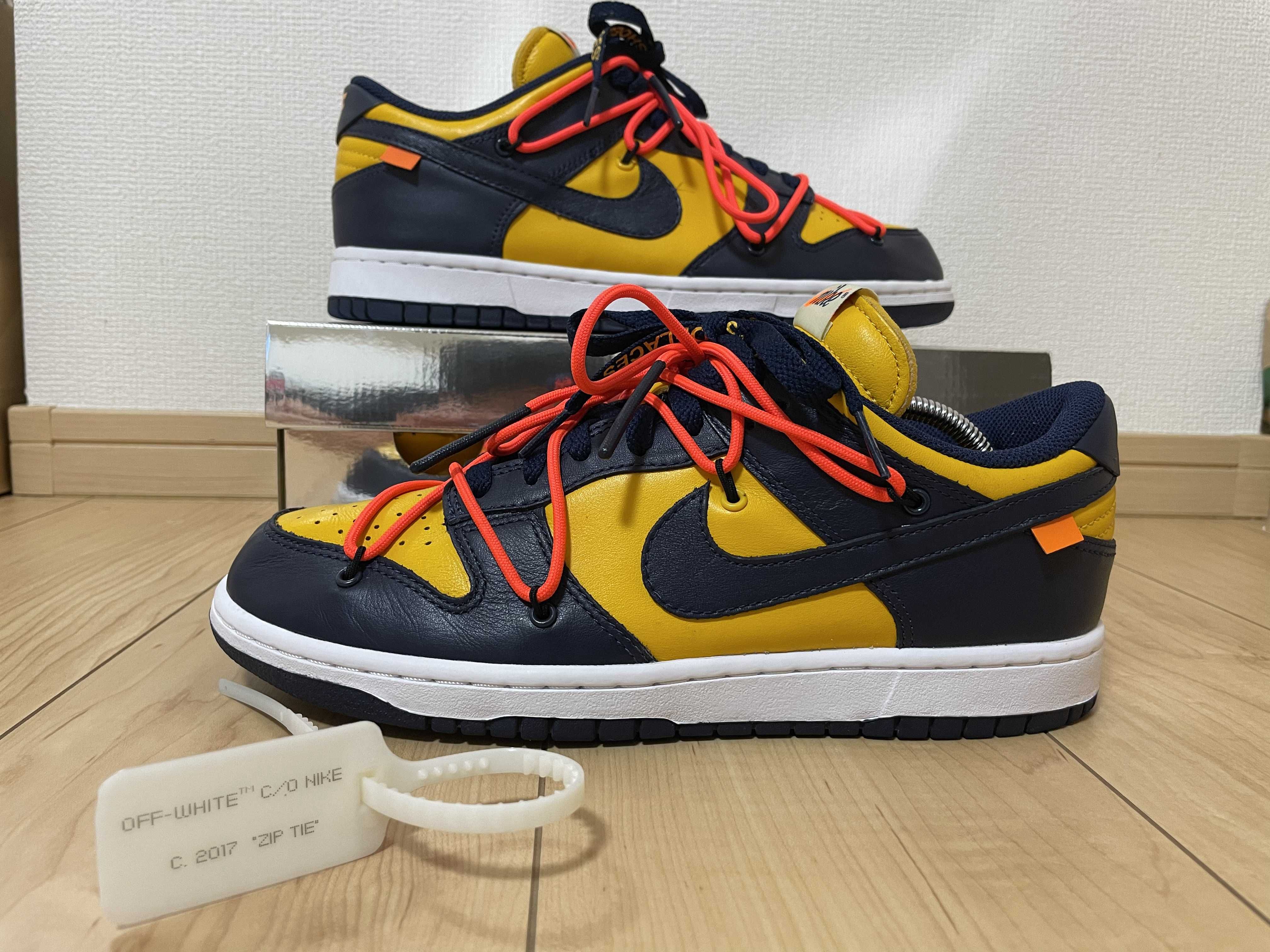 Off-White × Nike Dunk Low LTHR "University Gold/Midnight Navy/White"