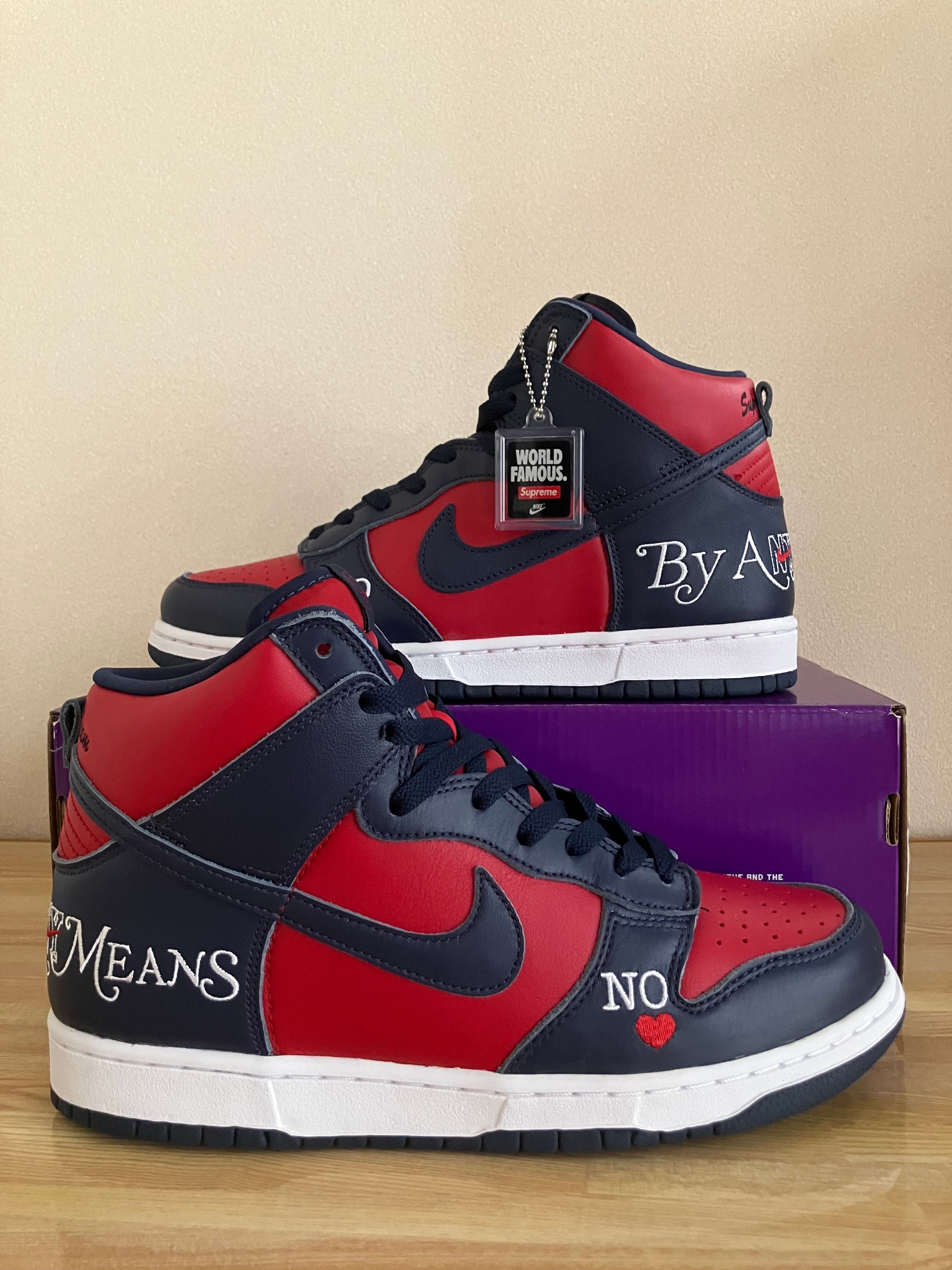 Supreme × Nike SB Dunk High By Any Means "Red/Navy-White"