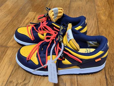 Off-White × Nike Dunk Low LTHR "University Gold/Midnight Navy/White"
