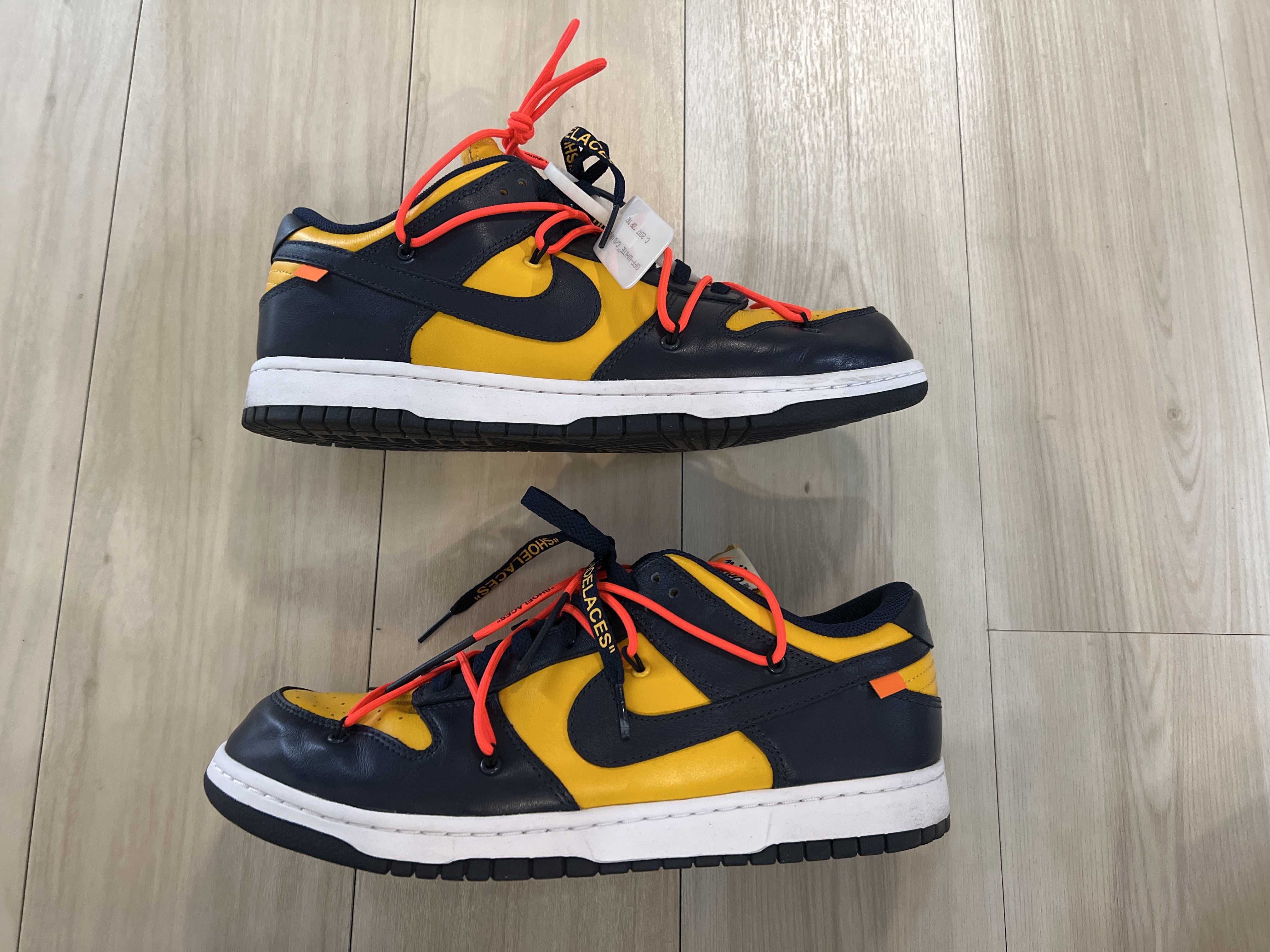 Off-White × Nike Dunk Low LTHR "University Gold/Midnight Navy/White"
