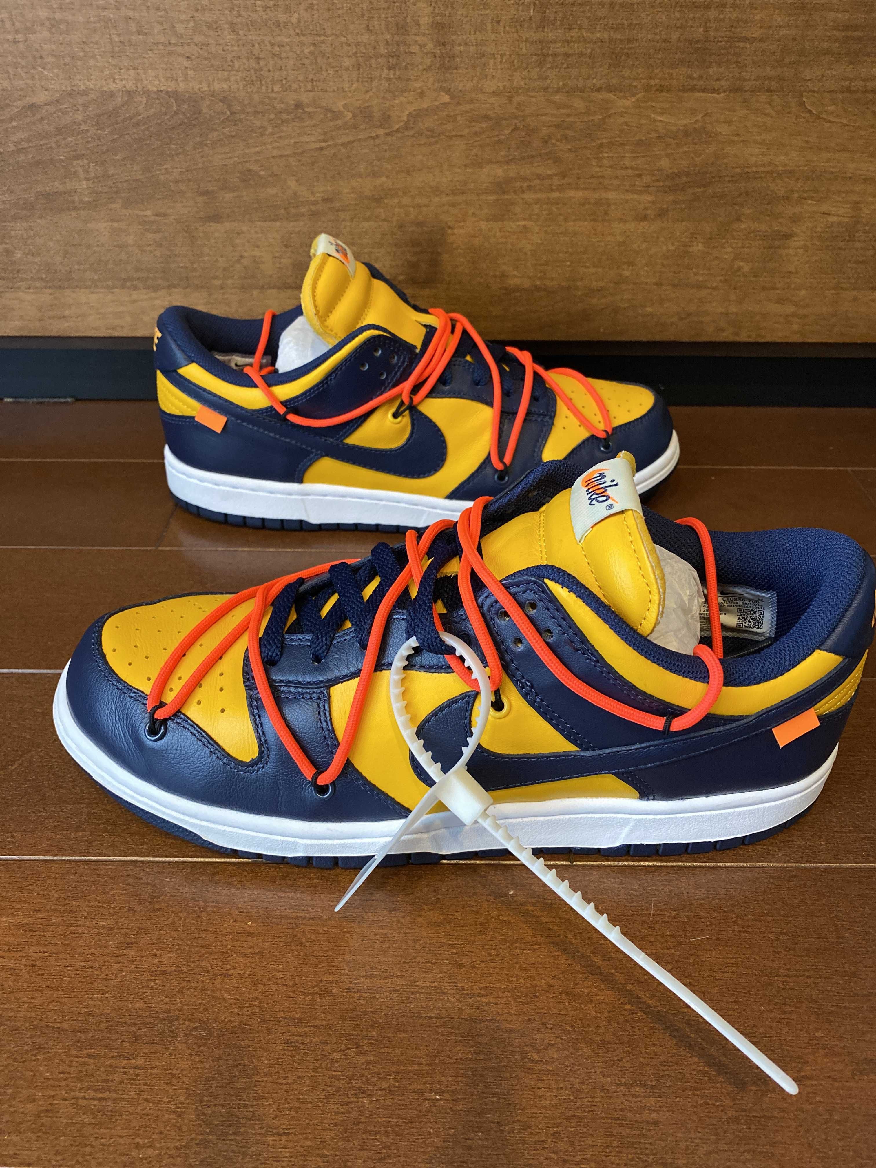 Off-White × Nike Dunk Low  LTHR "University Gold/Midnight Navy/White"