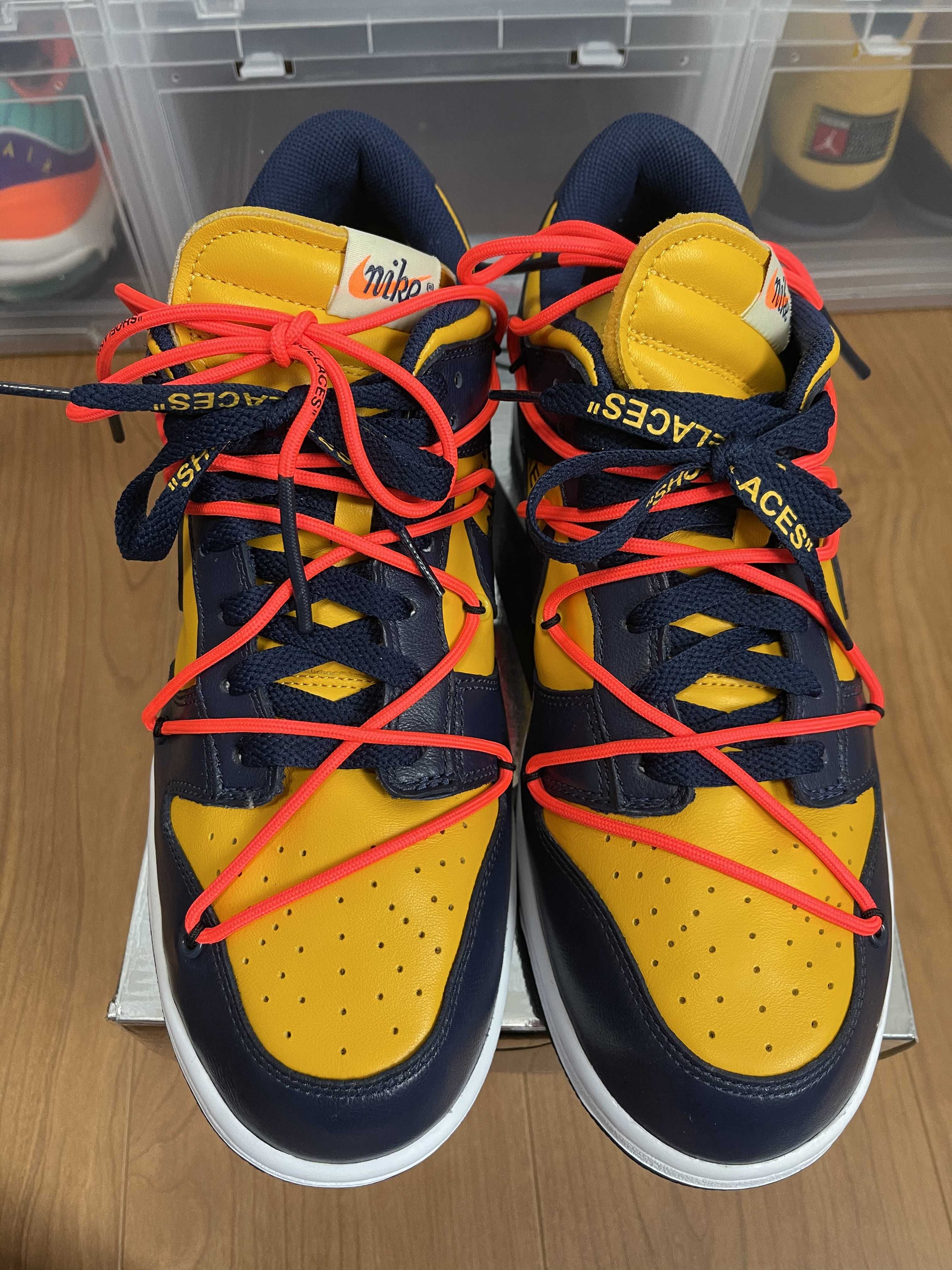 Off-White × Nike Dunk Low  LTHR "University Gold/Midnight Navy/White"