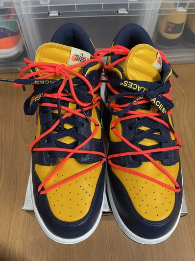 Off-White × Nike Dunk Low LTHR "University Gold/Midnight Navy/White"