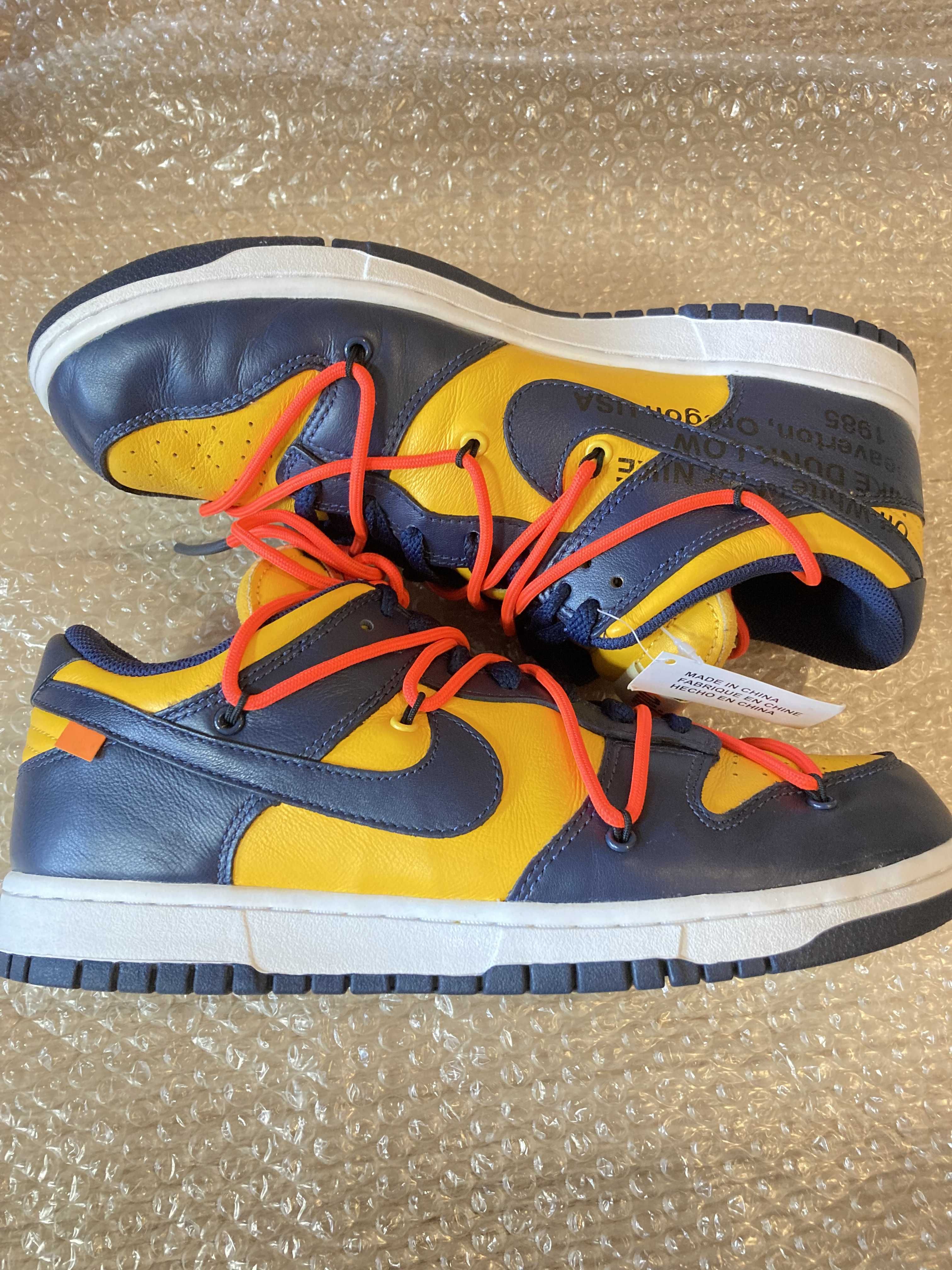 Off-White × Nike Dunk Low  LTHR "University Gold/Midnight Navy/White"