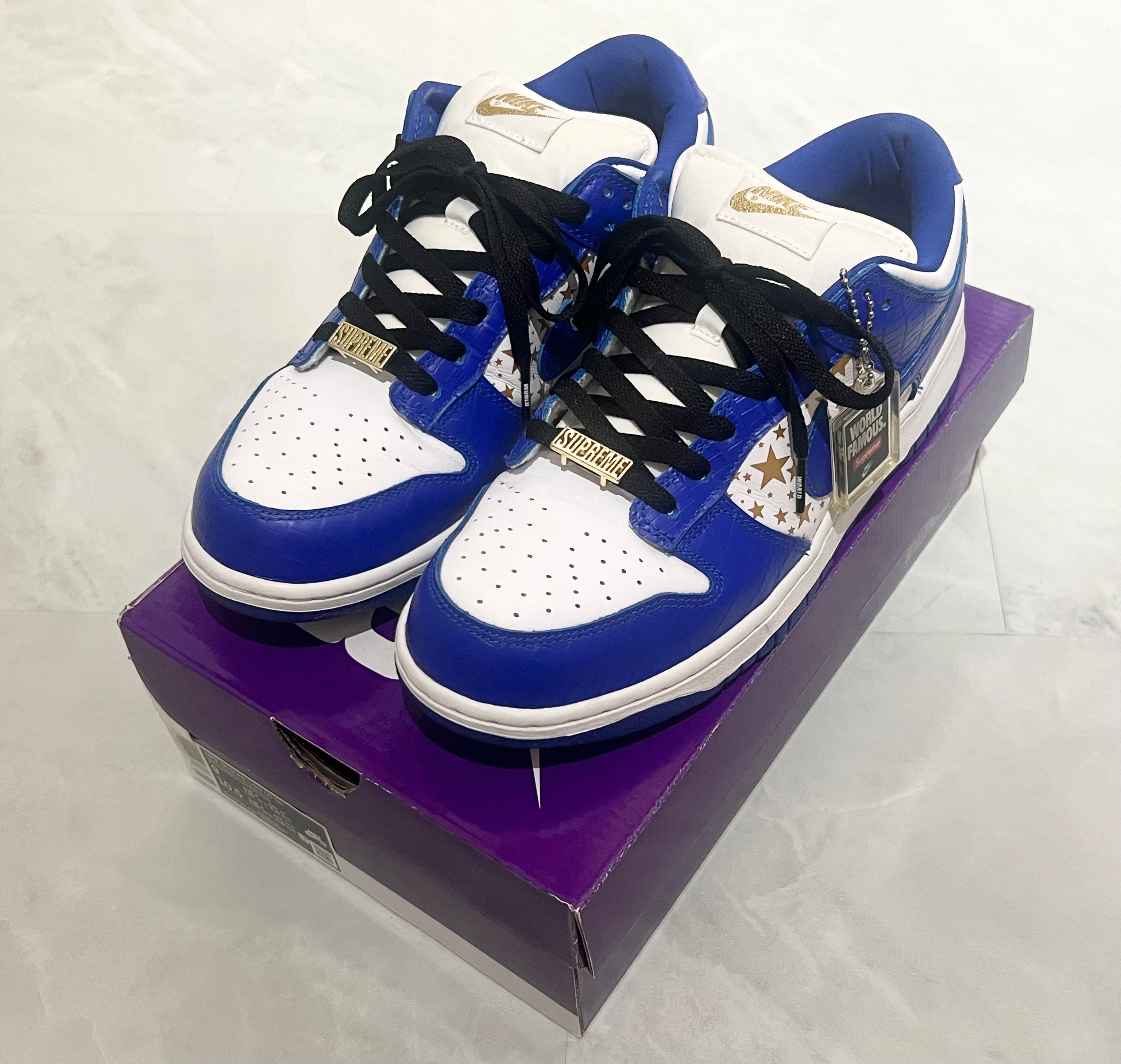 Supreme × Nike SB Dunk Low OG QS Gold Stars "White/Hyper Blue"