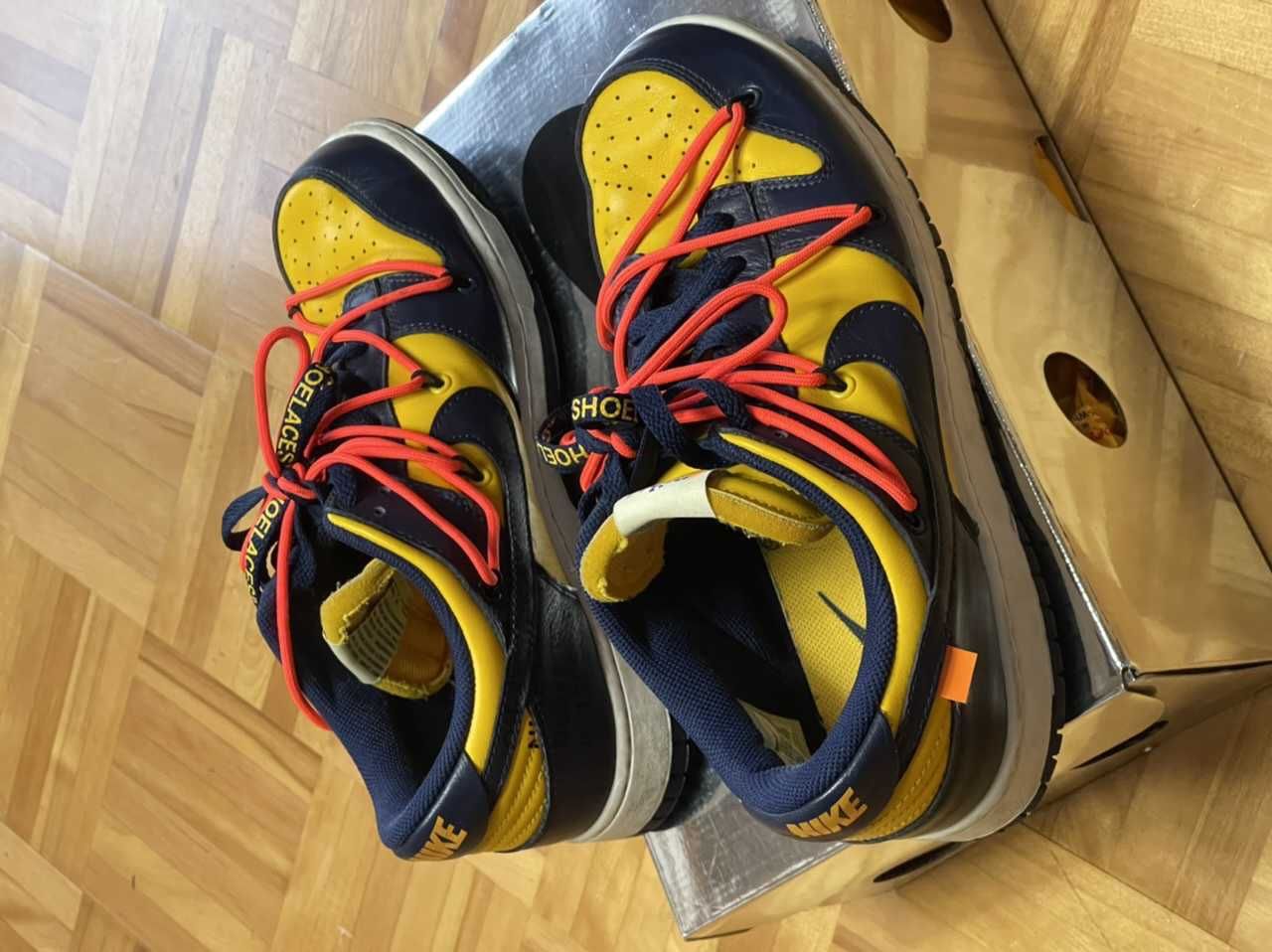 Off-White × Nike Dunk Low  LTHR "University Gold/Midnight Navy/White"