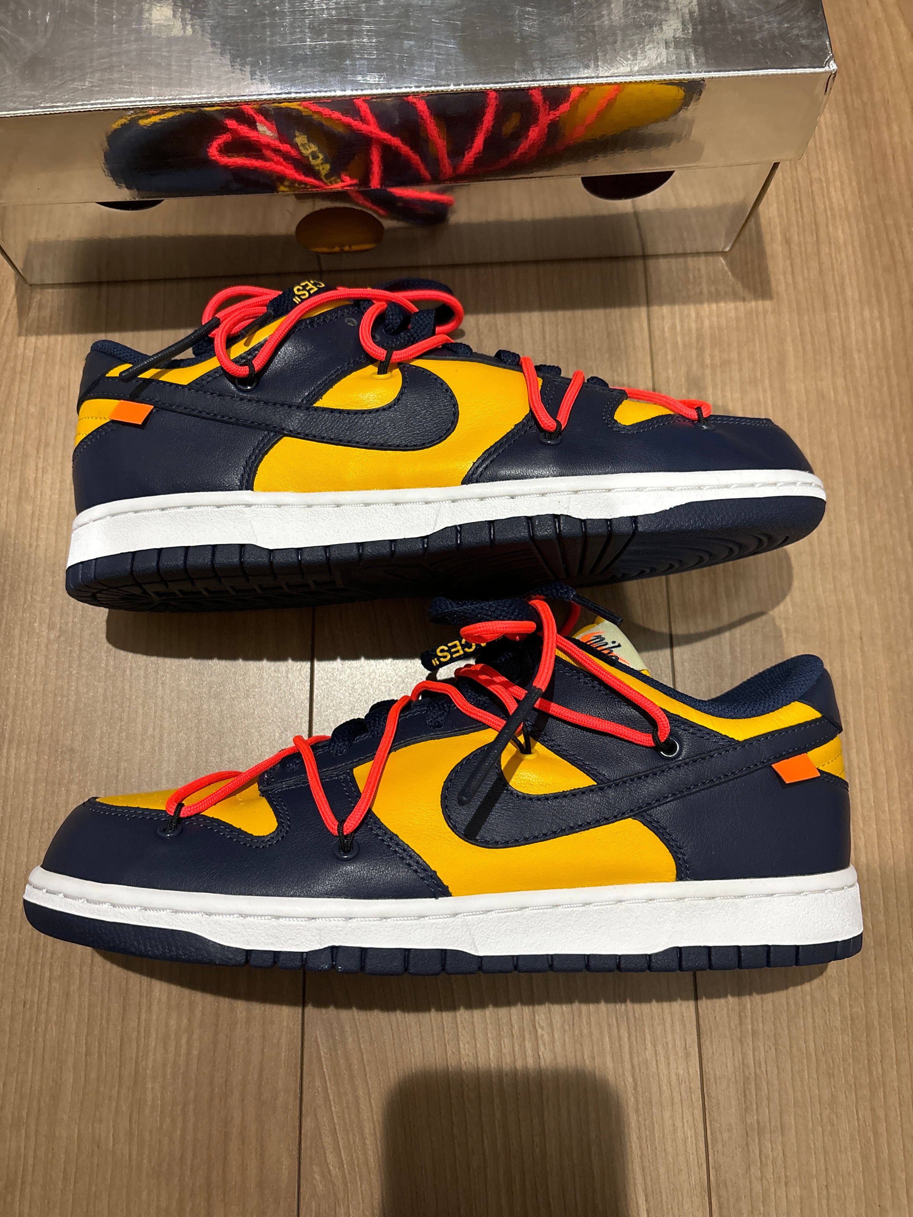 Off-White × Nike Dunk Low LTHR "University Gold/Midnight Navy/White"