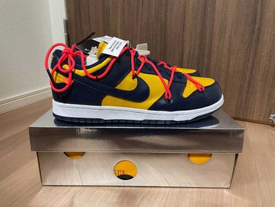 Off-White × Nike Dunk Low LTHR "University Gold/Midnight Navy/White"