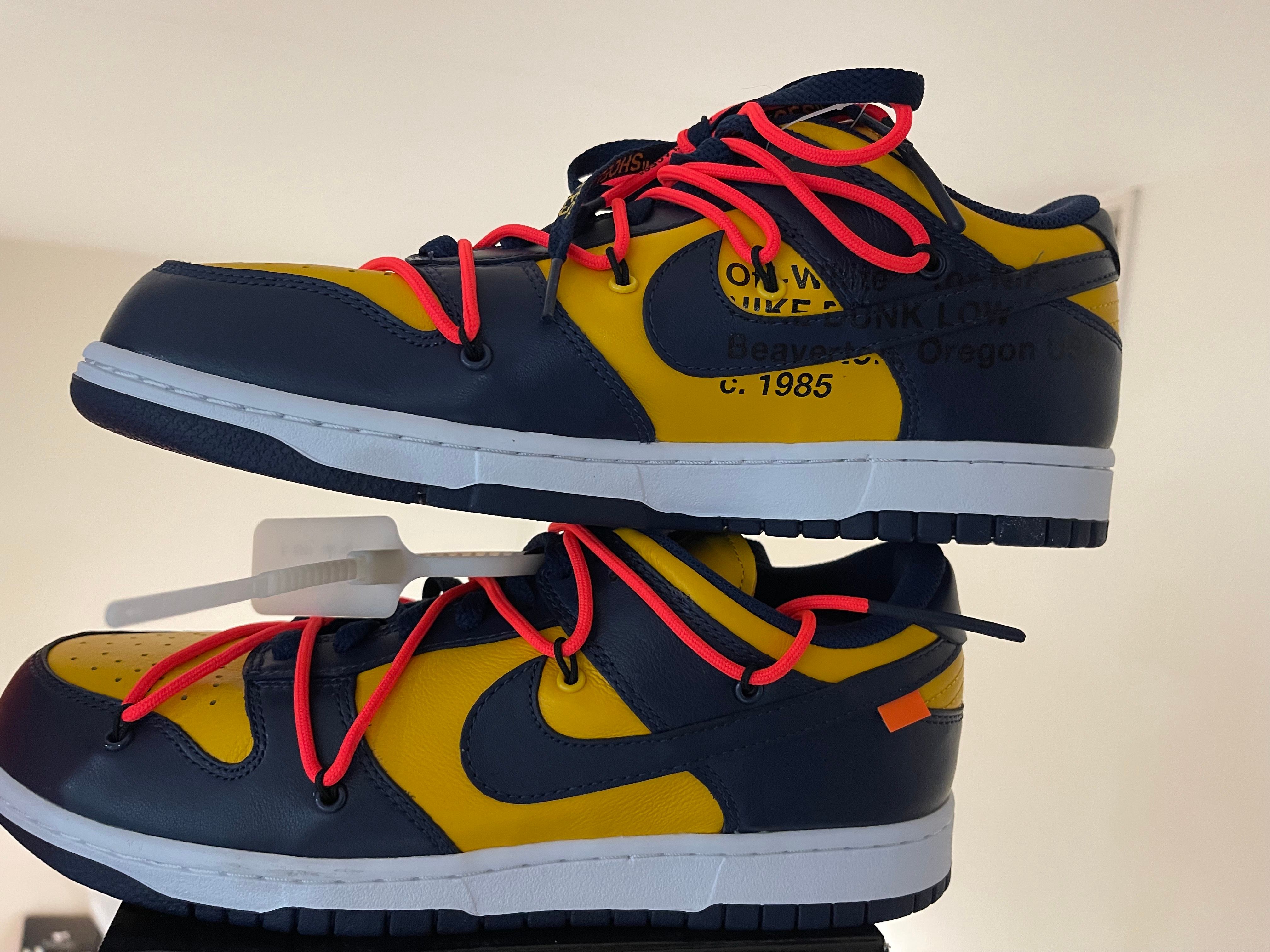 Off-White × Nike Dunk Low  LTHR "University Gold/Midnight Navy/White"