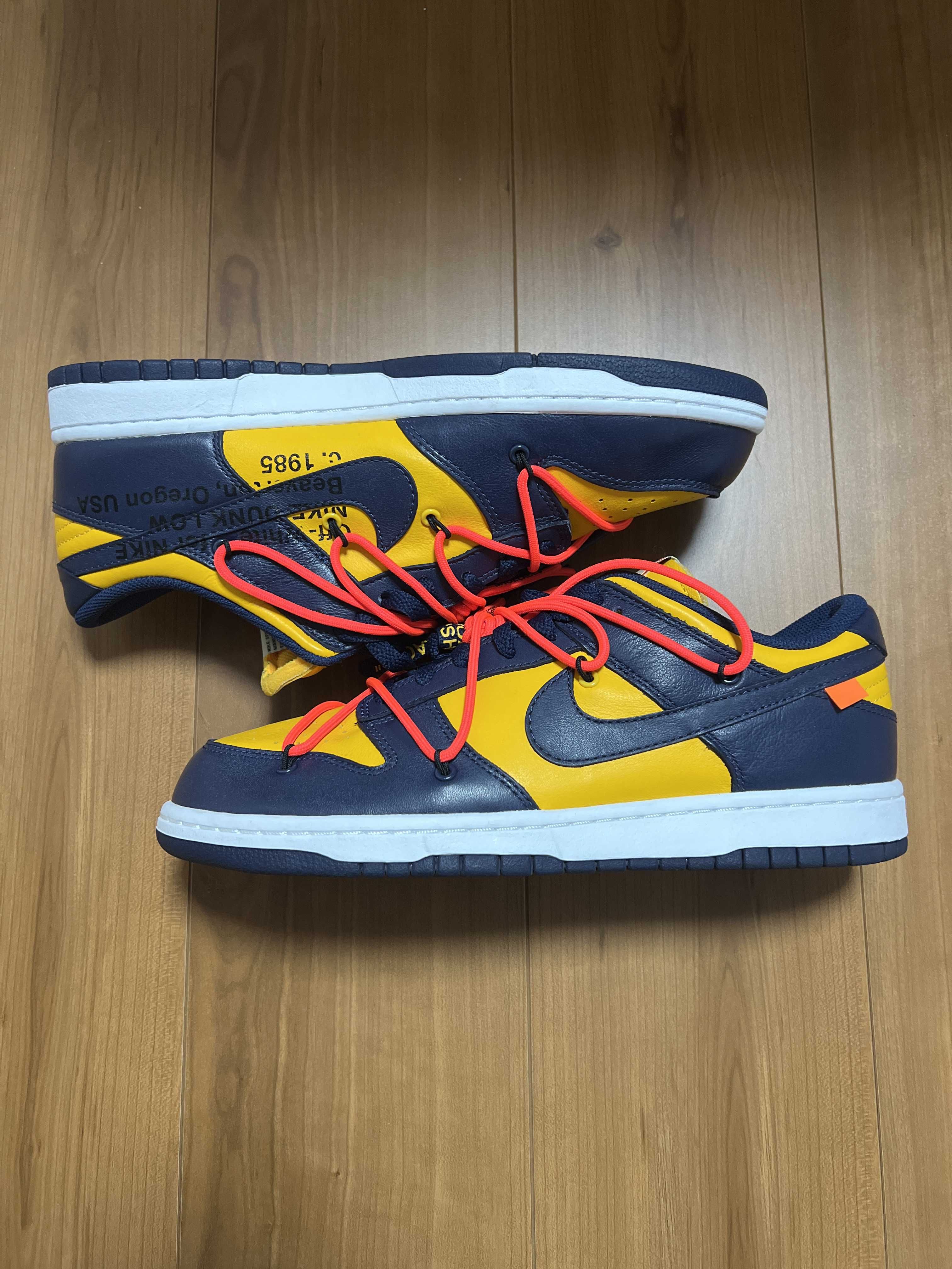 Off-White × Nike Dunk Low  LTHR "University Gold/Midnight Navy/White"