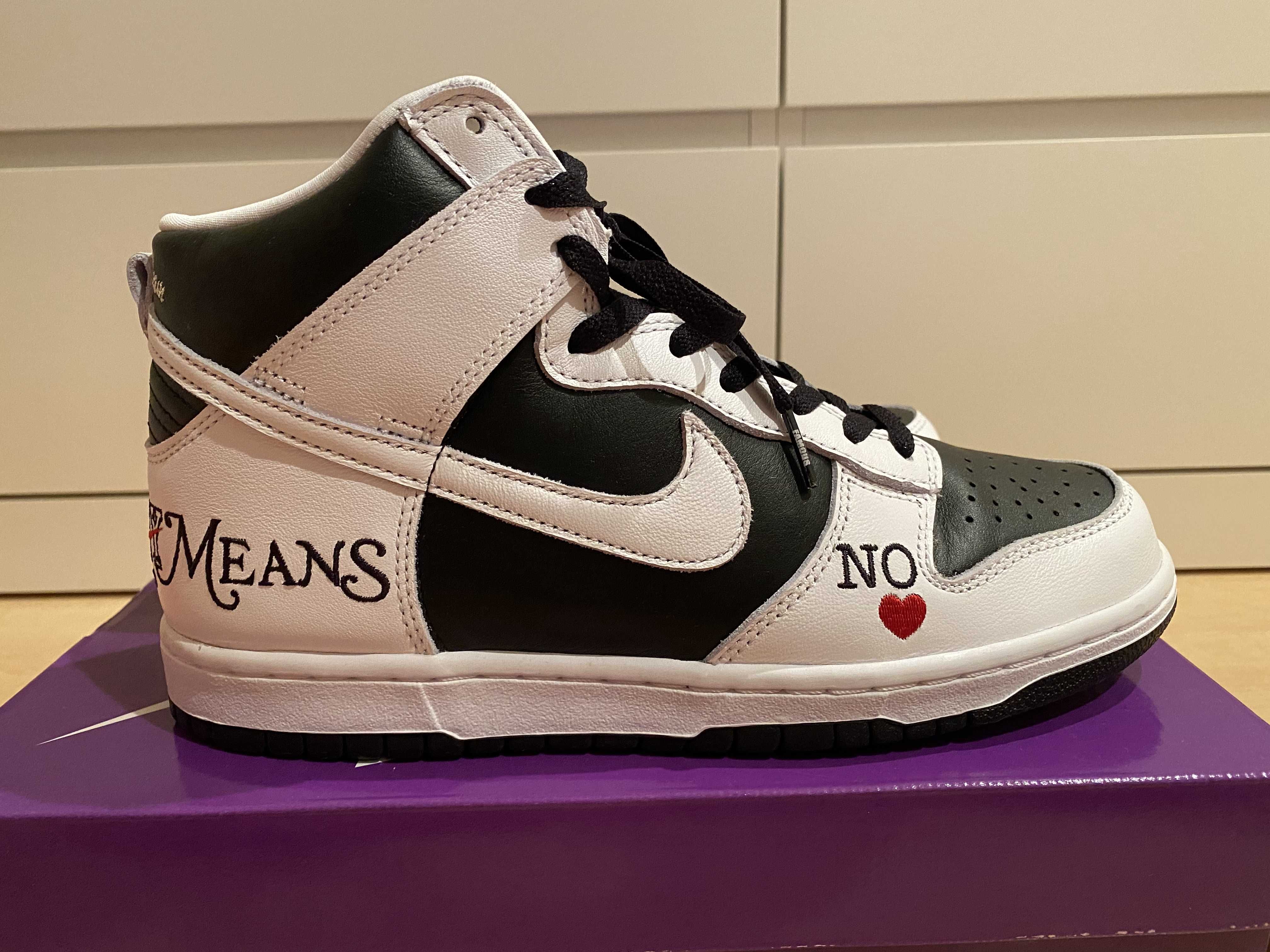 Supreme × Nike SB Dunk High By Any Means "White Black"