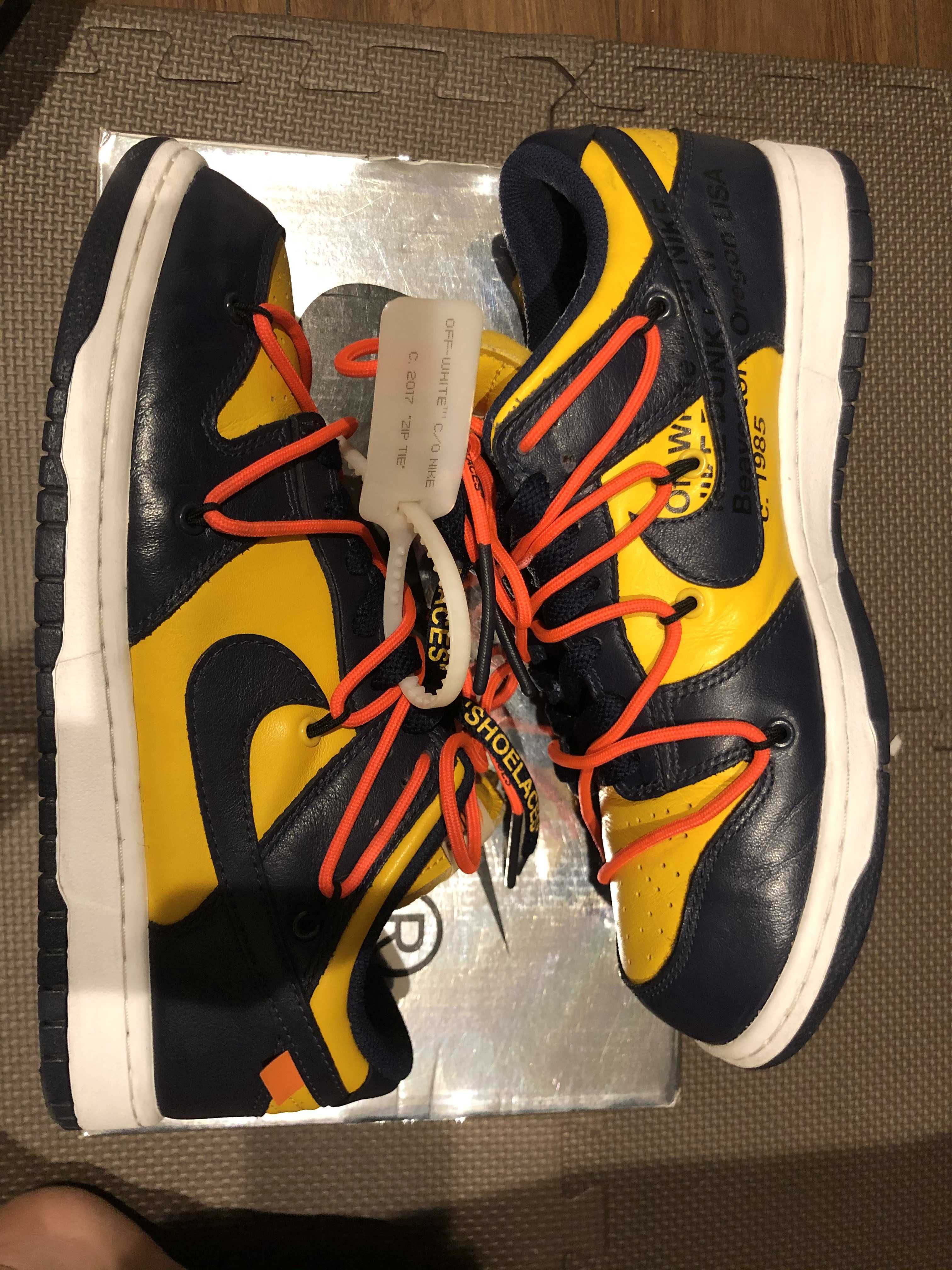 Off-White × Nike Dunk Low LTHR "University Gold/Midnight Navy/White"