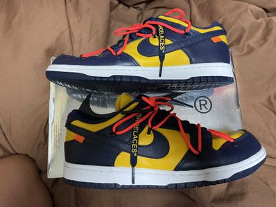 Off-White × Nike Dunk Low LTHR "University Gold/Midnight Navy/White"