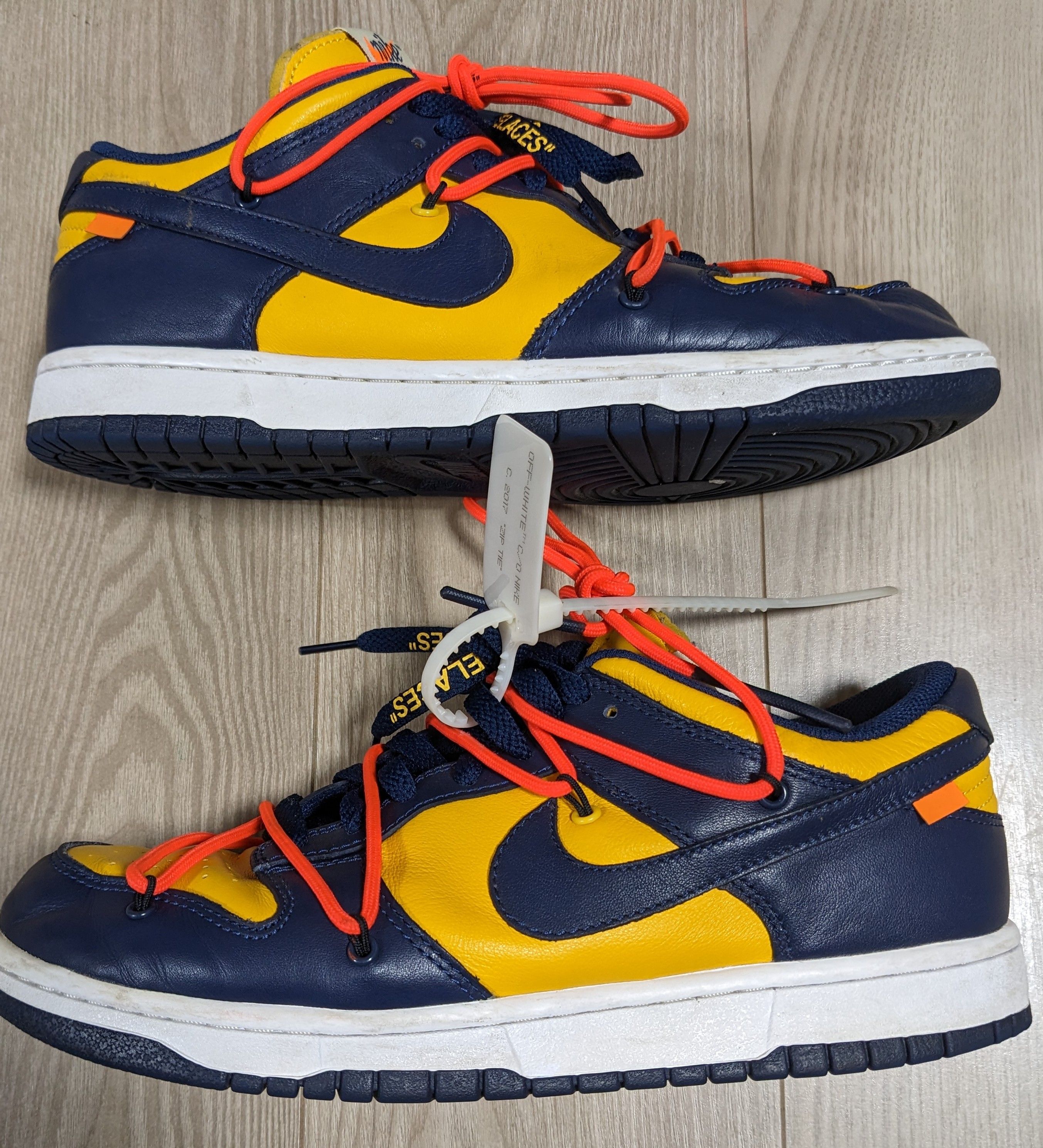 Off-White × Nike Dunk Low LTHR "University Gold/Midnight Navy/White"