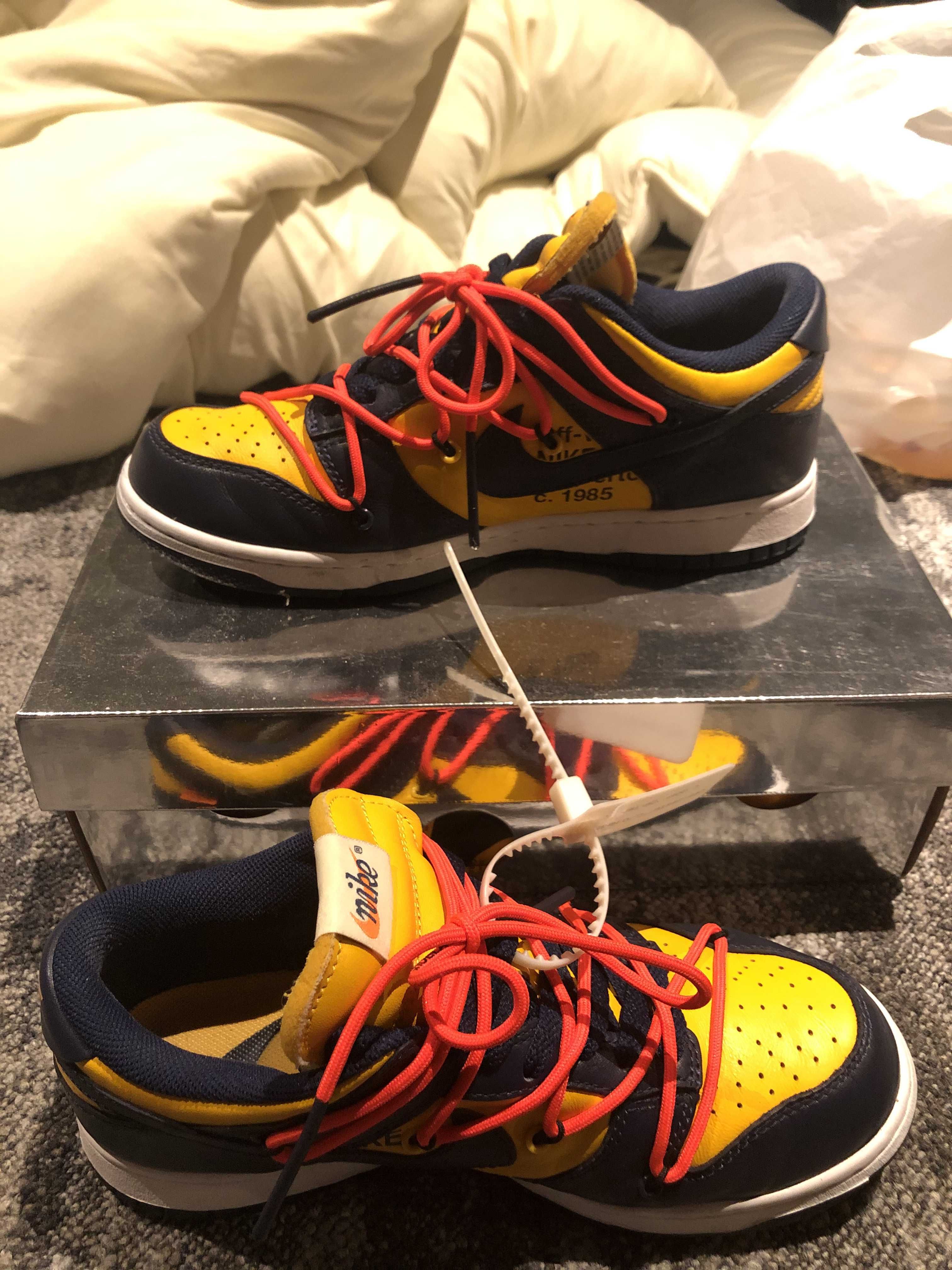 Off-White × Nike Dunk Low LTHR "University Gold/Midnight Navy/White"