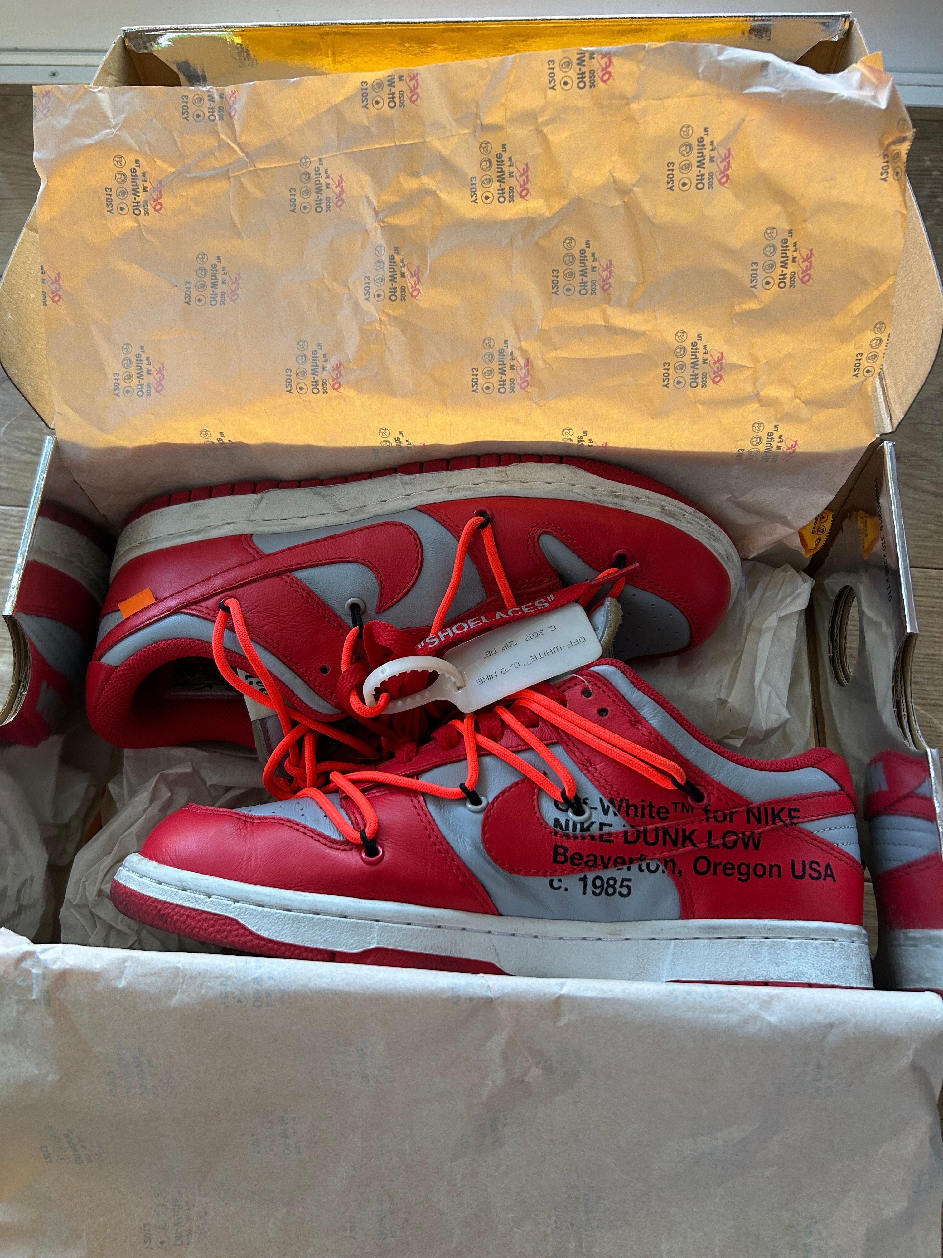Off-White × Nike Dunk Low "University Red/Wolf Grey"
