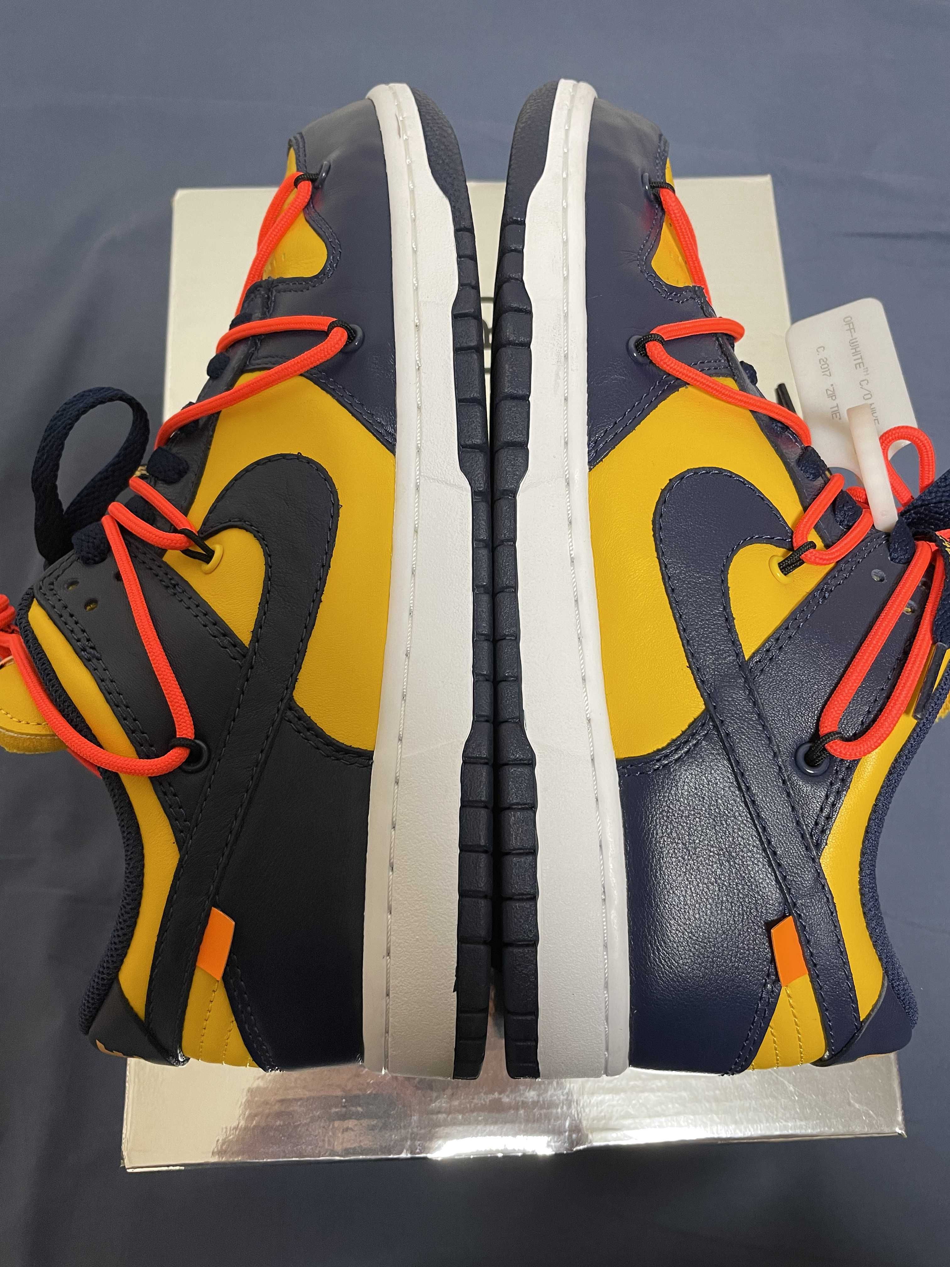 Off-White × Nike Dunk Low LTHR "University Gold/Midnight Navy/White"