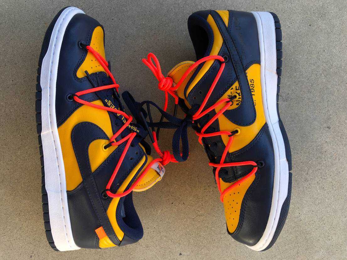 Off-White × Nike Dunk Low LTHR "University Gold/Midnight Navy/White"