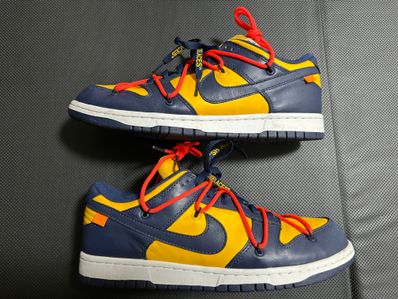 Off-White × Nike Dunk Low LTHR "University Gold/Midnight Navy/White"