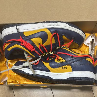 Off-White × Nike Dunk Low LTHR "University Gold/Midnight Navy/White"