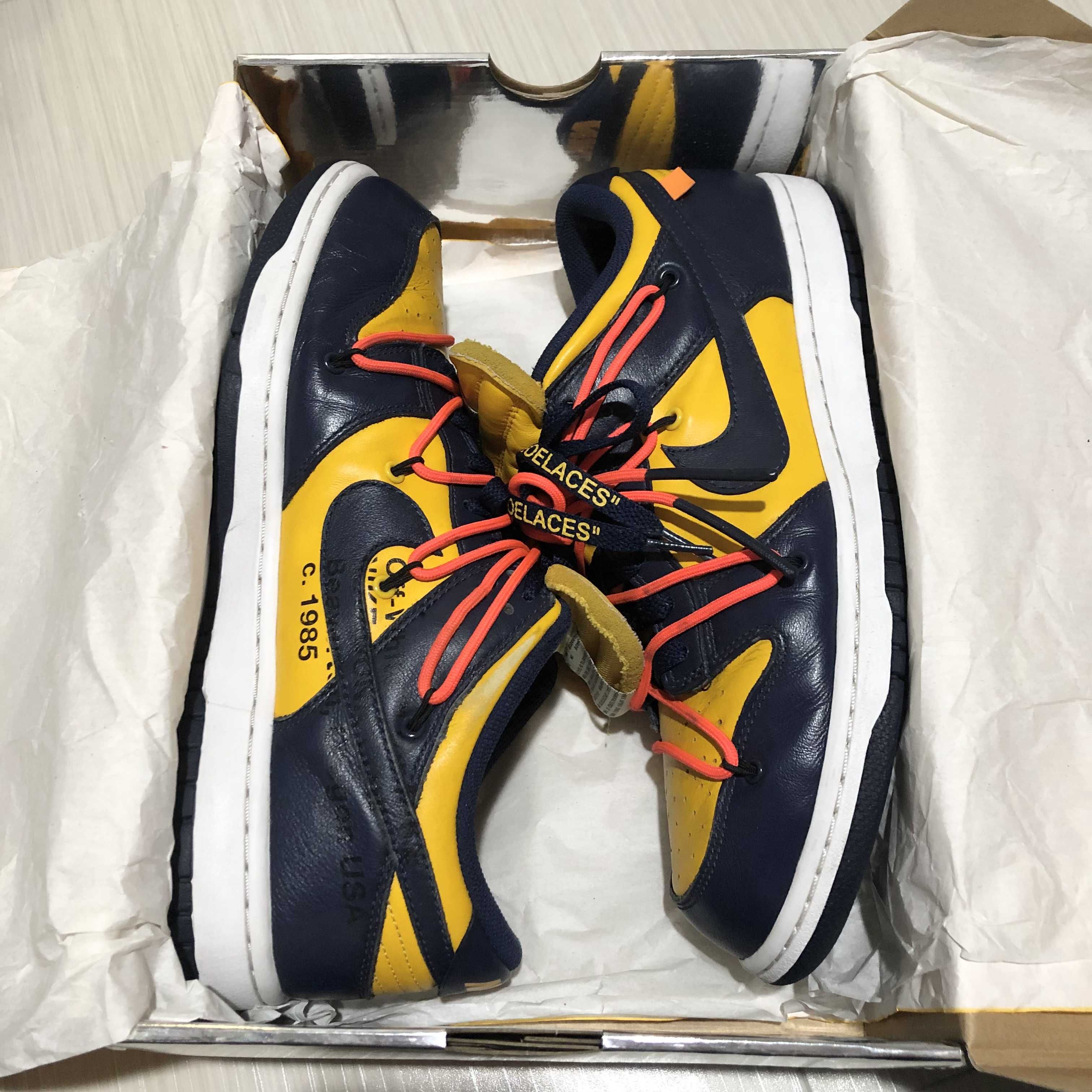 Off-White × Nike Dunk Low  LTHR "University Gold/Midnight Navy/White"