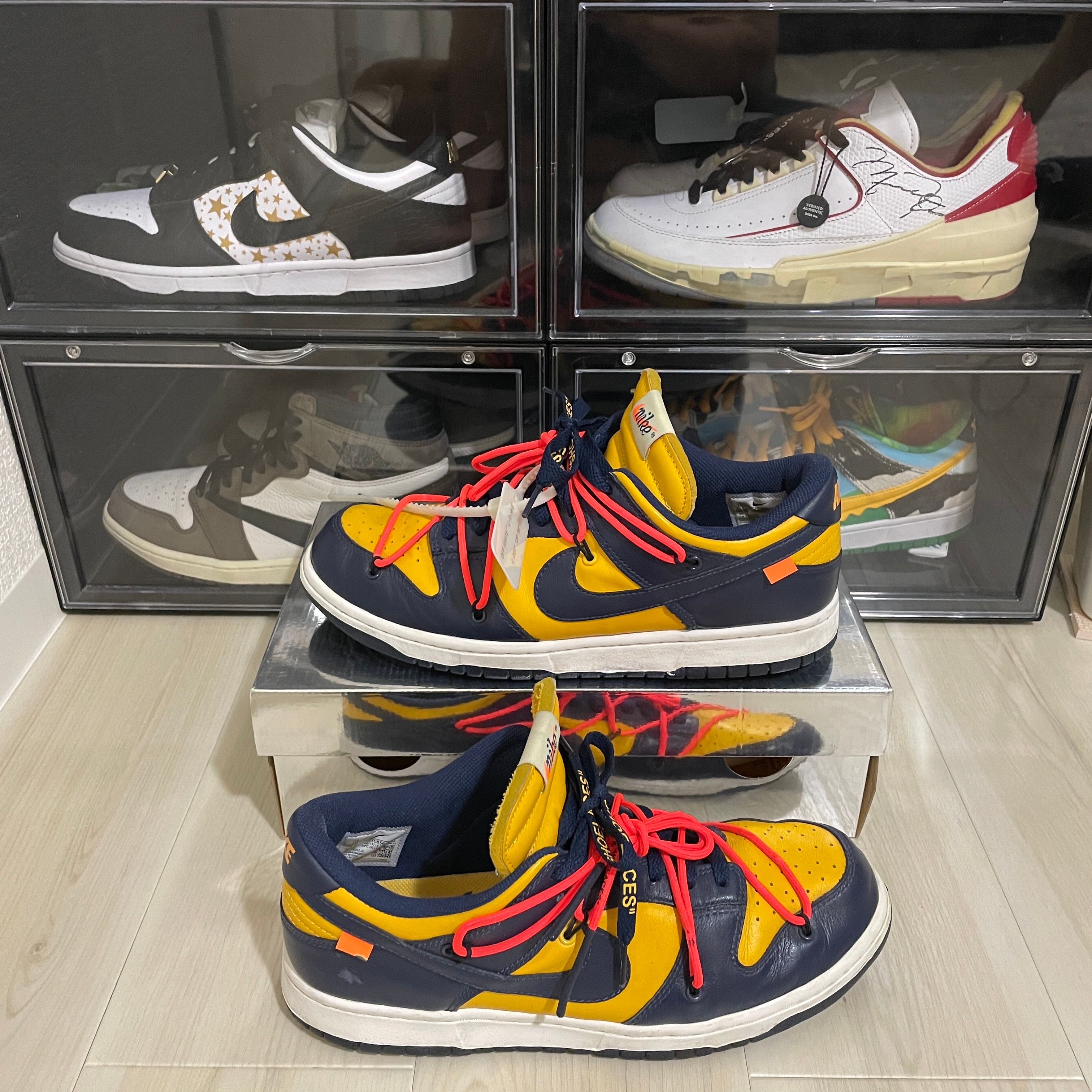 Off-White × Nike Dunk Low  LTHR "University Gold/Midnight Navy/White"