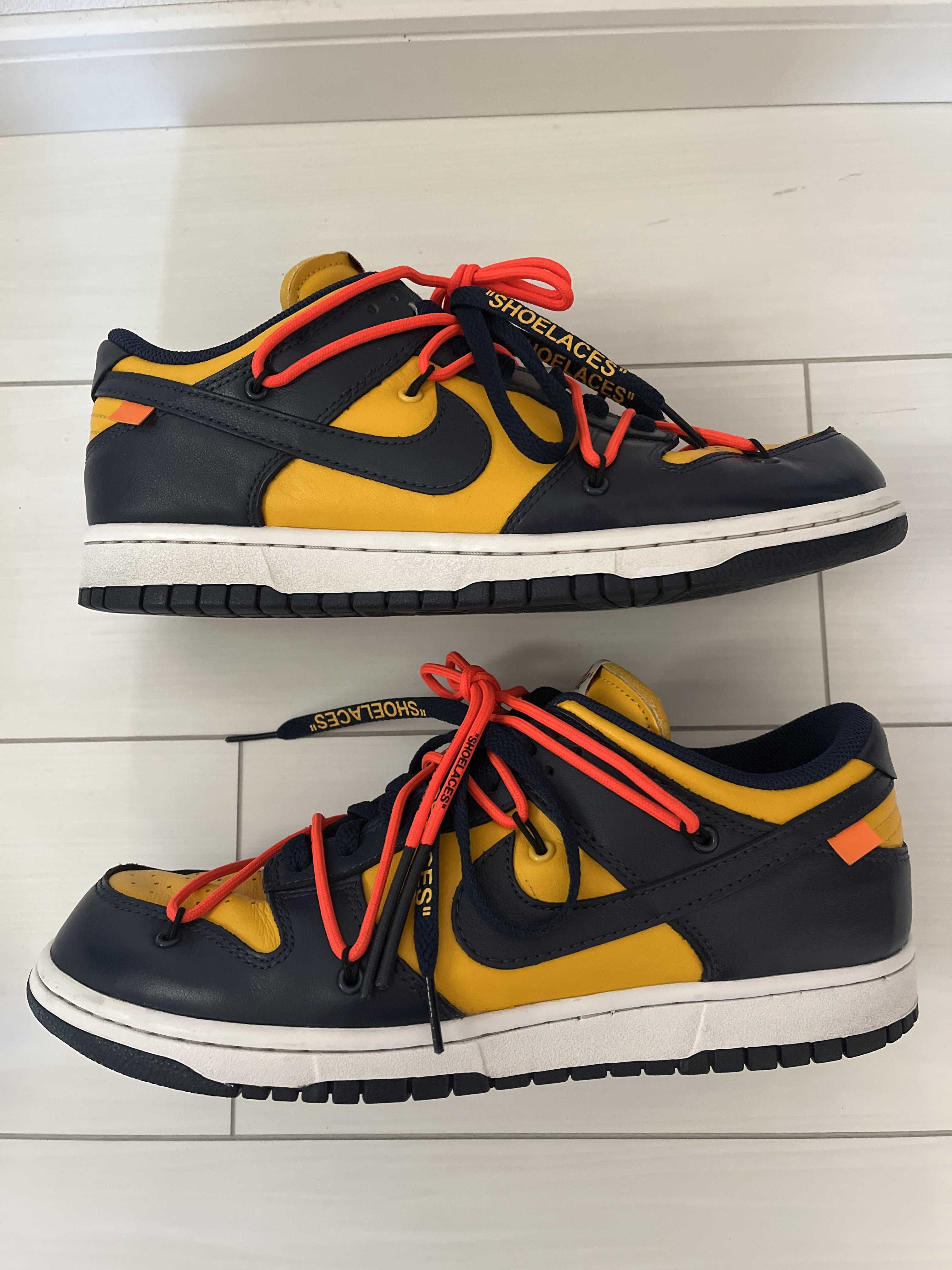 Off-White × Nike Dunk Low LTHR "University Gold/Midnight Navy/White"