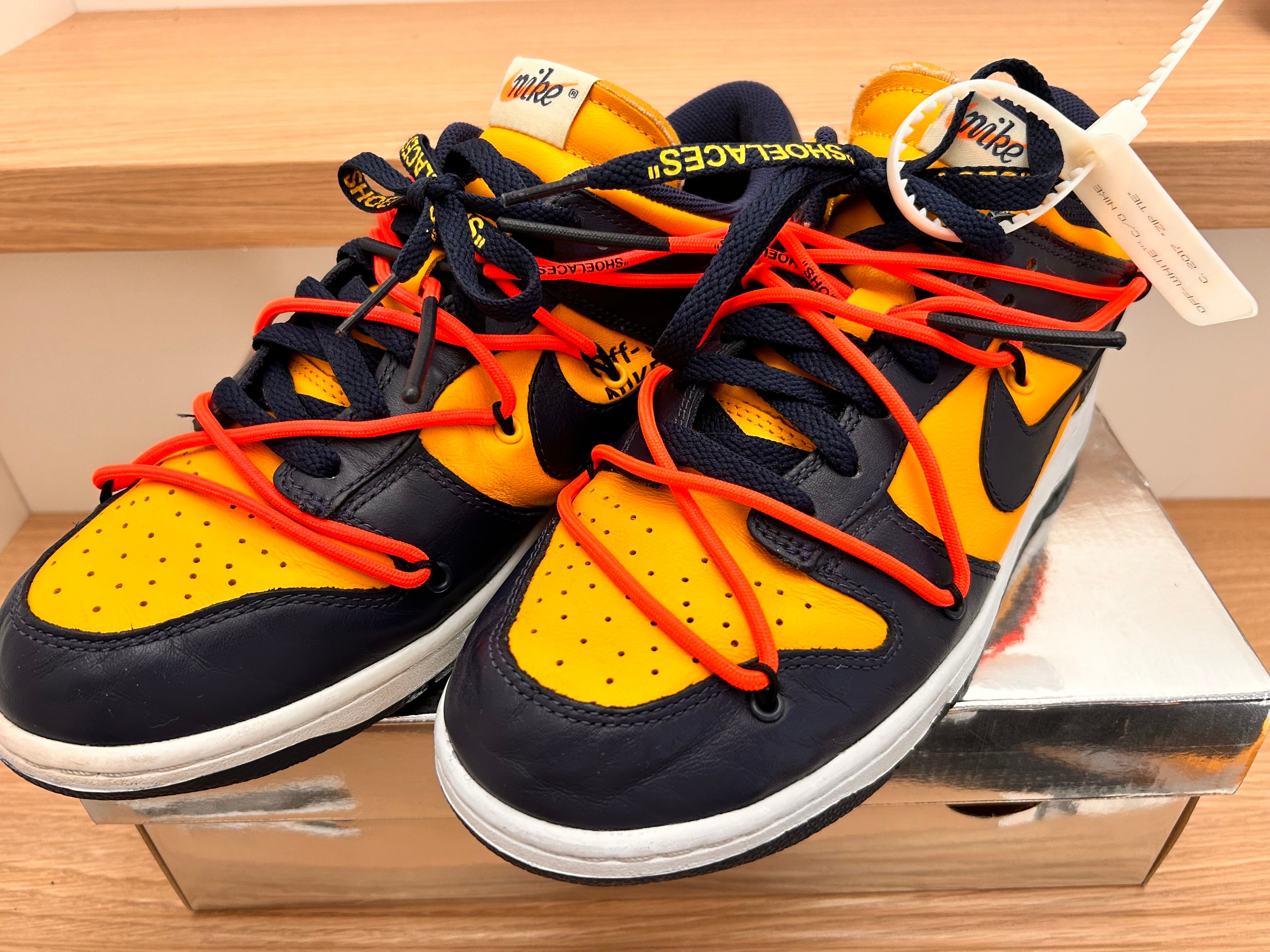 Off-White × Nike Dunk Low LTHR "University Gold/Midnight Navy/White"