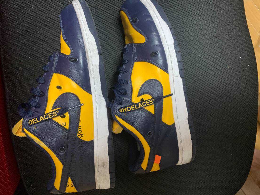 Off-White × Nike Dunk Low  LTHR "University Gold/Midnight Navy/White"