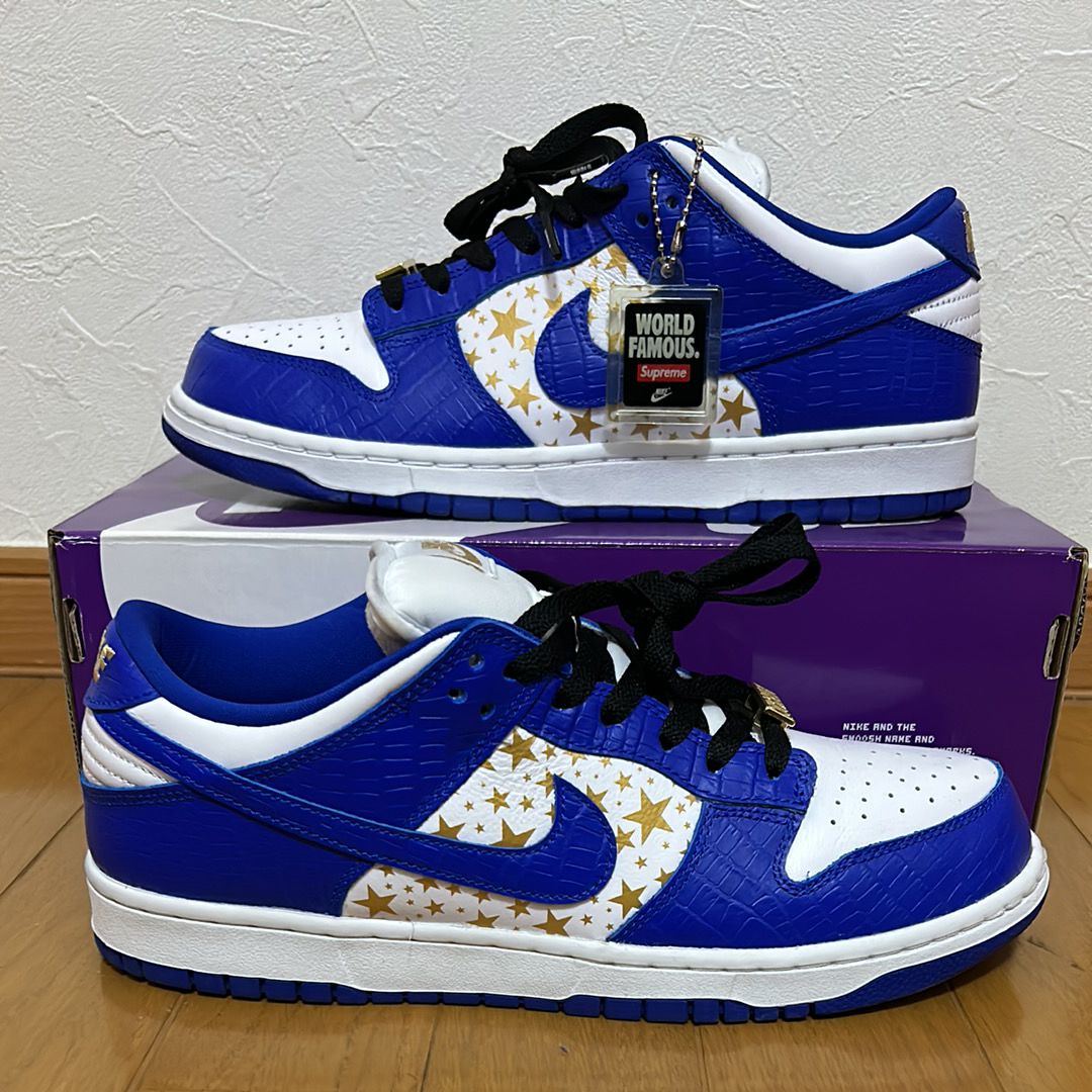 Supreme × Nike SB Dunk Low OG QS Gold Stars "White/Hyper Blue"