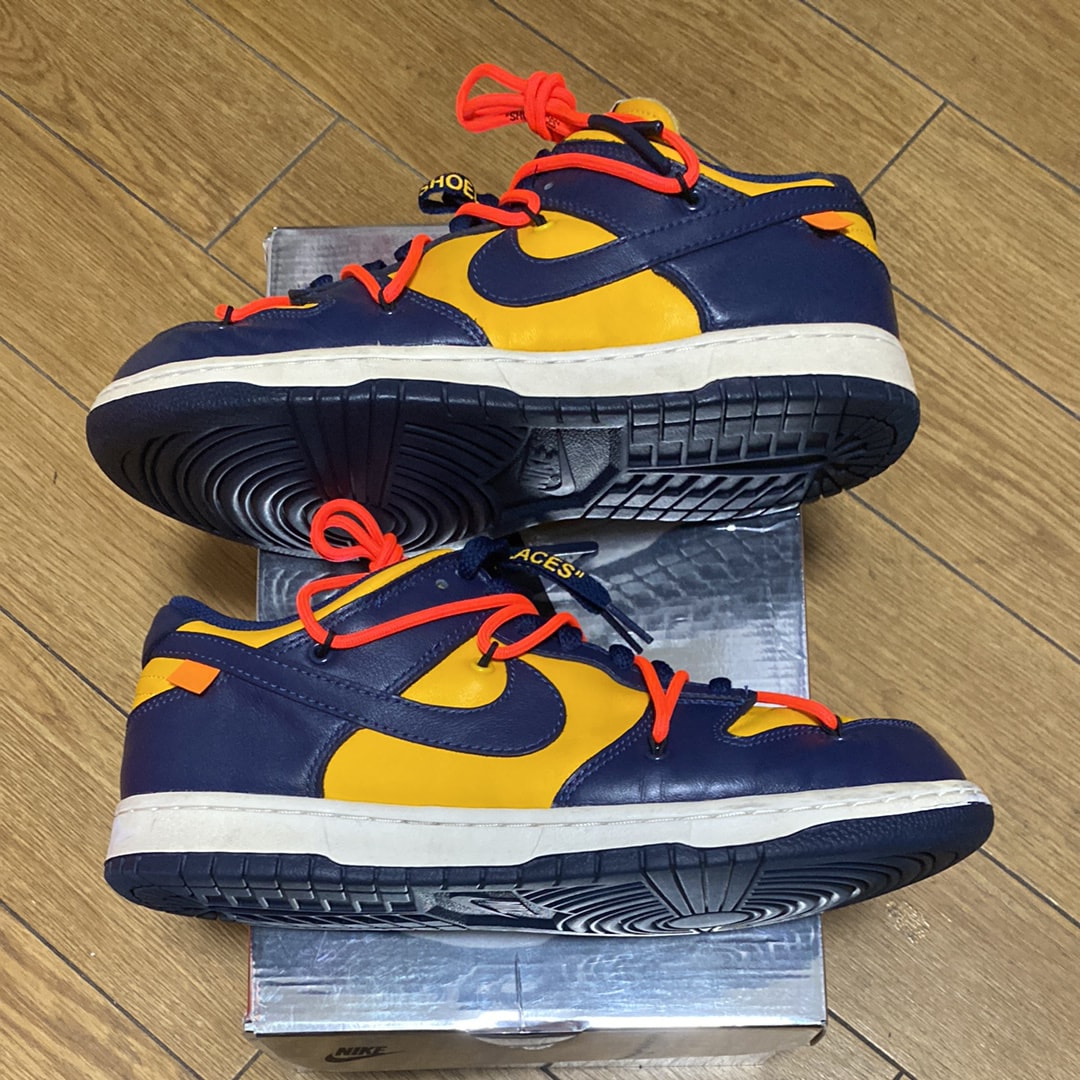 Off-White × Nike Dunk Low  LTHR "University Gold/Midnight Navy/White"