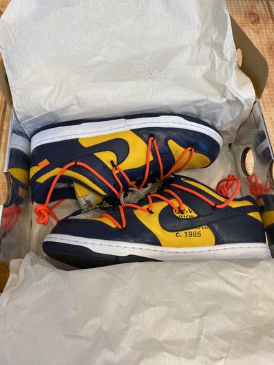 Off-White × Nike Dunk Low LTHR "University Gold/Midnight Navy/White"