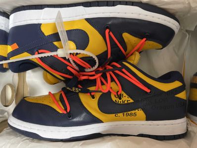 Off-White × Nike Dunk Low LTHR "University Gold/Midnight Navy/White"