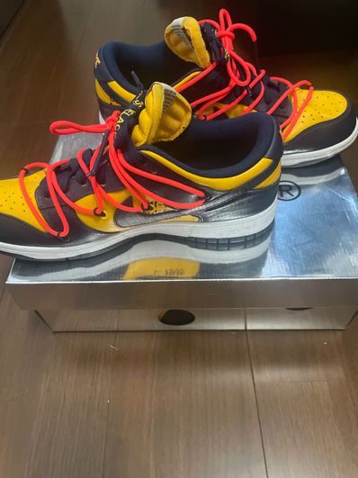 Off-White × Nike Dunk Low LTHR "University Gold/Midnight Navy/White"