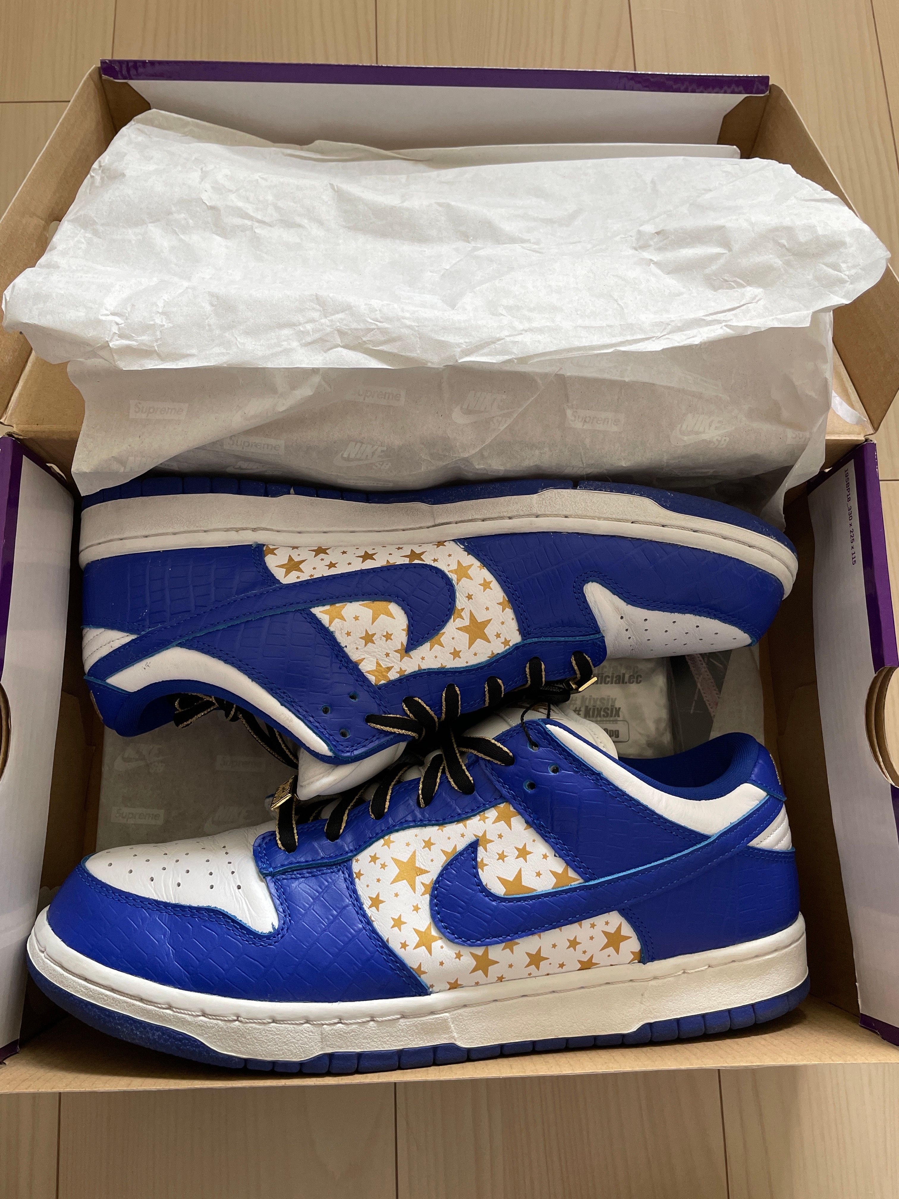 Supreme × Nike SB Dunk Low OG QS Gold Stars "White/Hyper Blue"