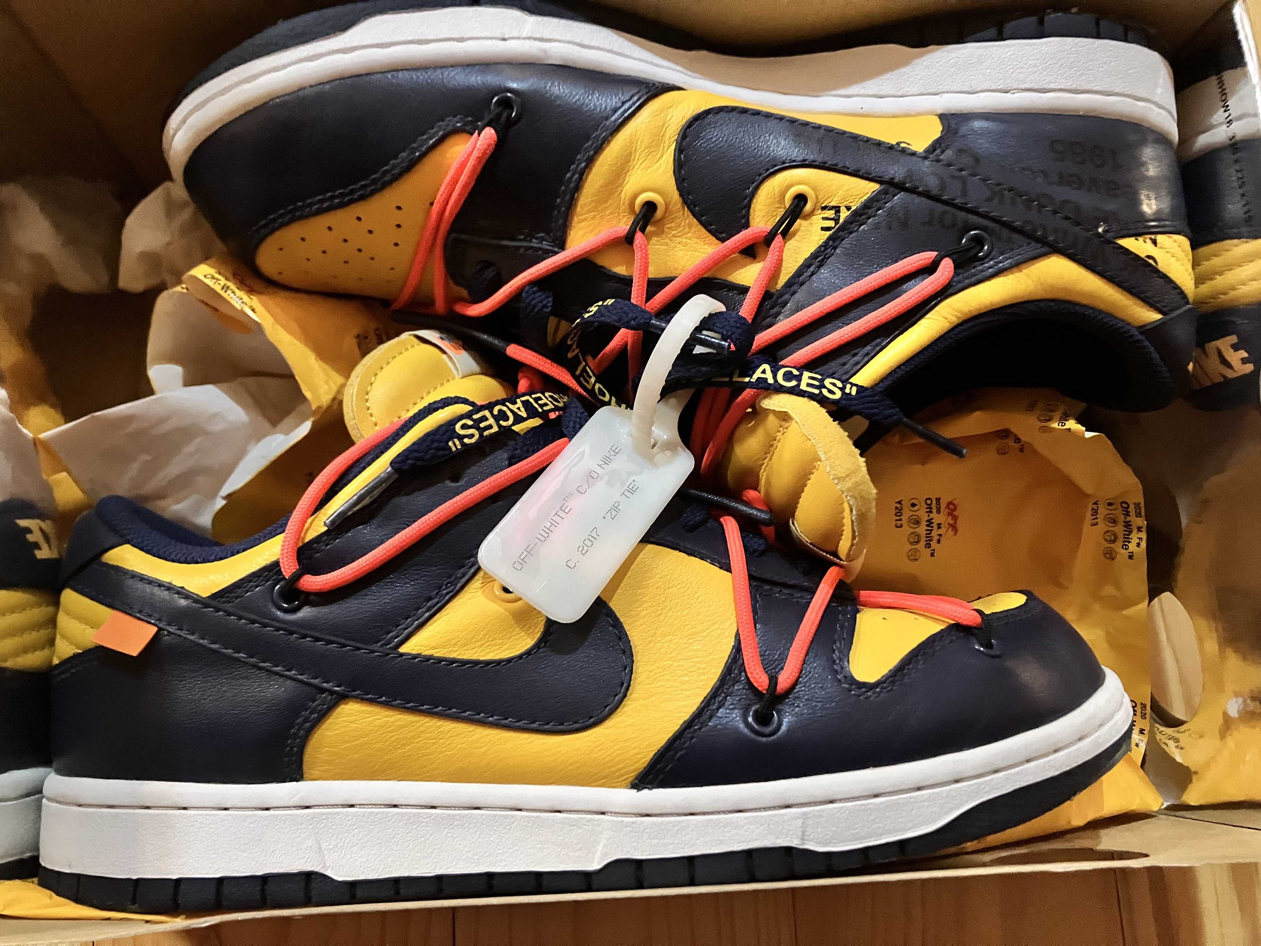 Off-White × Nike Dunk Low  LTHR "University Gold/Midnight Navy/White"