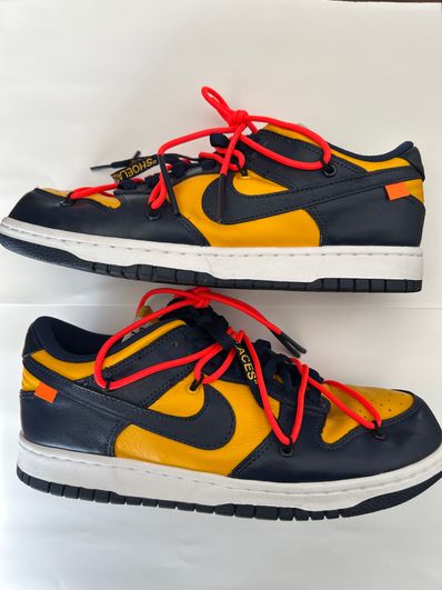 Off-White × Nike Dunk Low LTHR "University Gold/Midnight Navy/White"