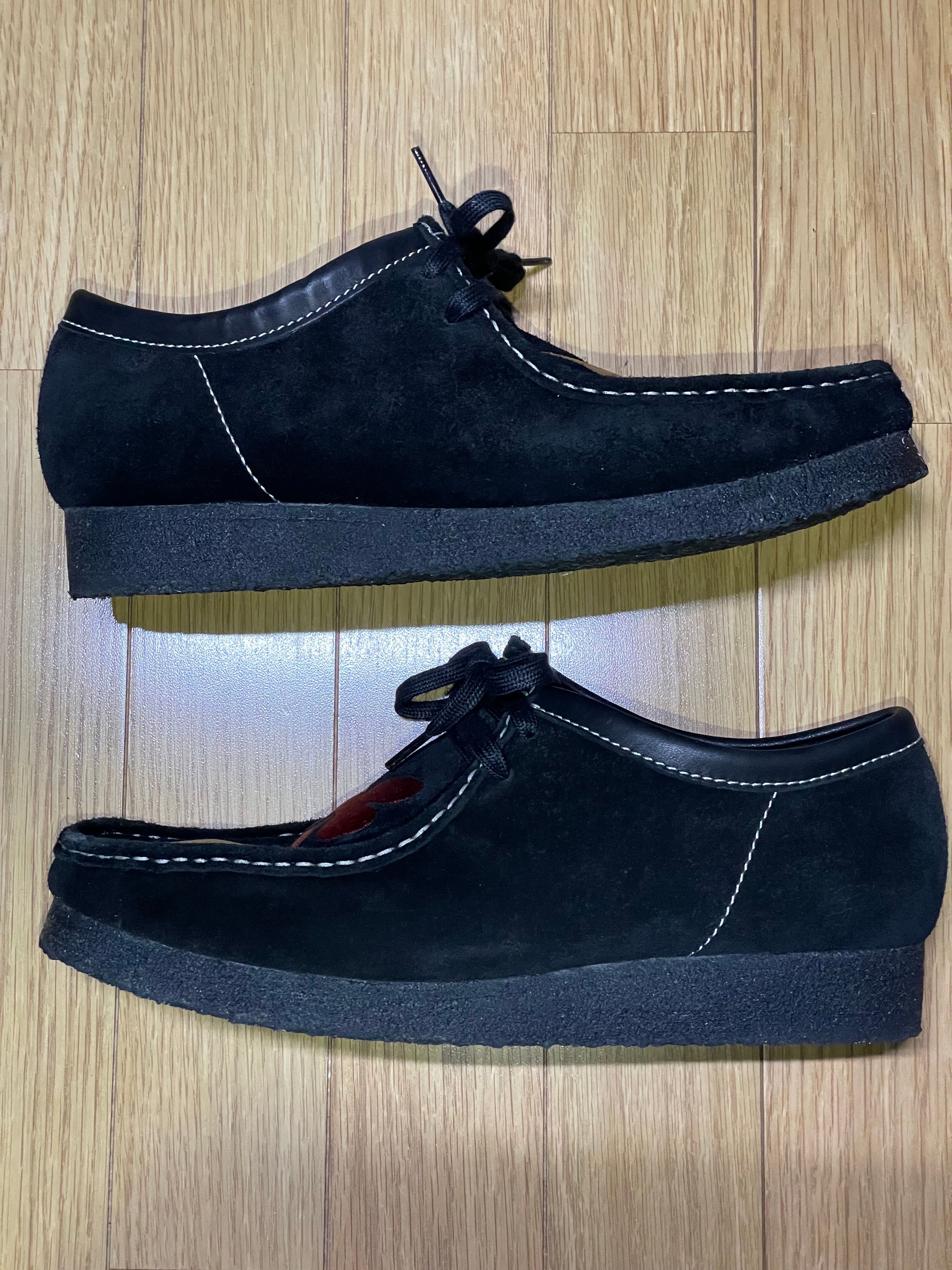 Stussy × Clarks Wallabee "Black Suede/Red/Gold"