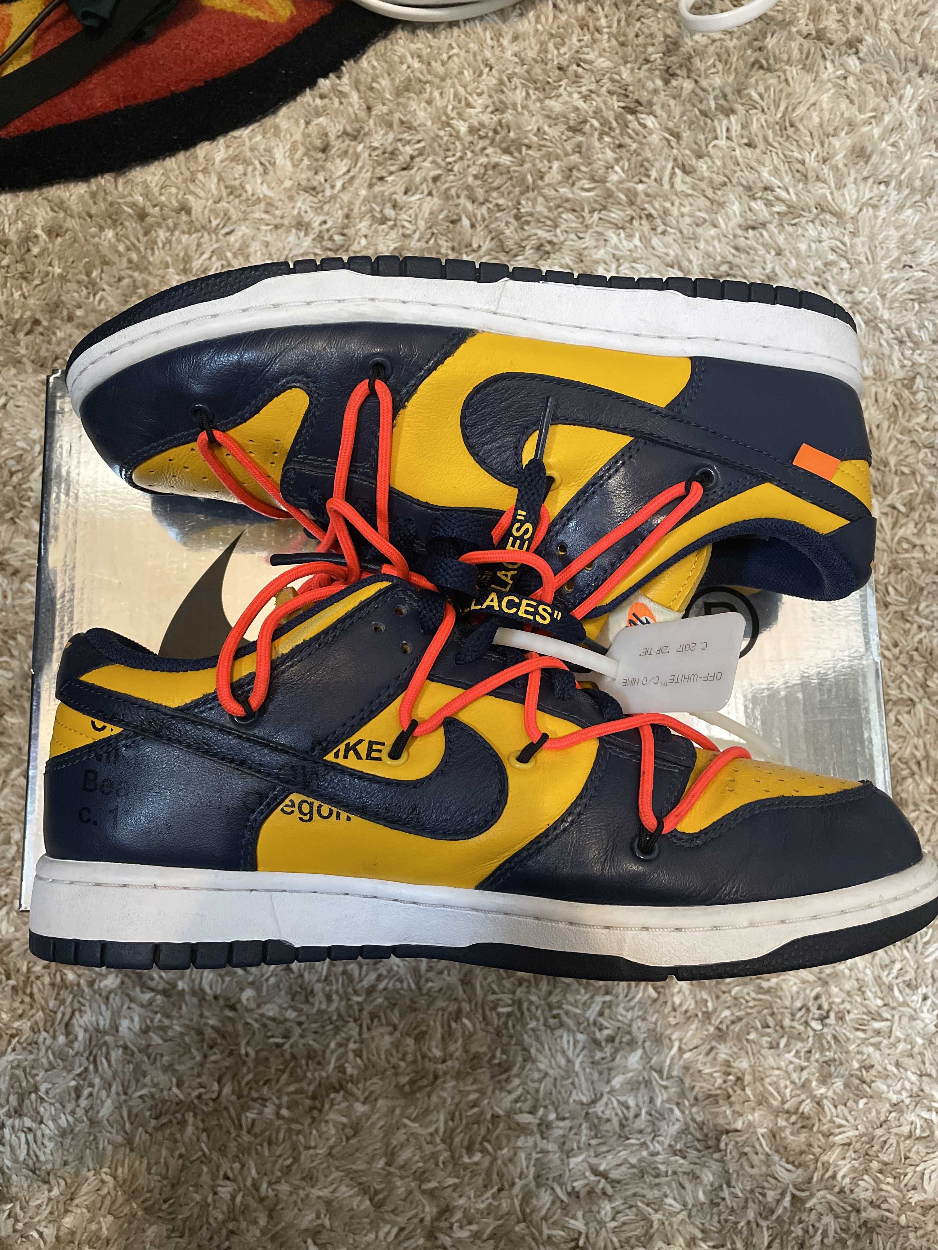 Off-White × Nike Dunk Low LTHR "University Gold/Midnight Navy/White"