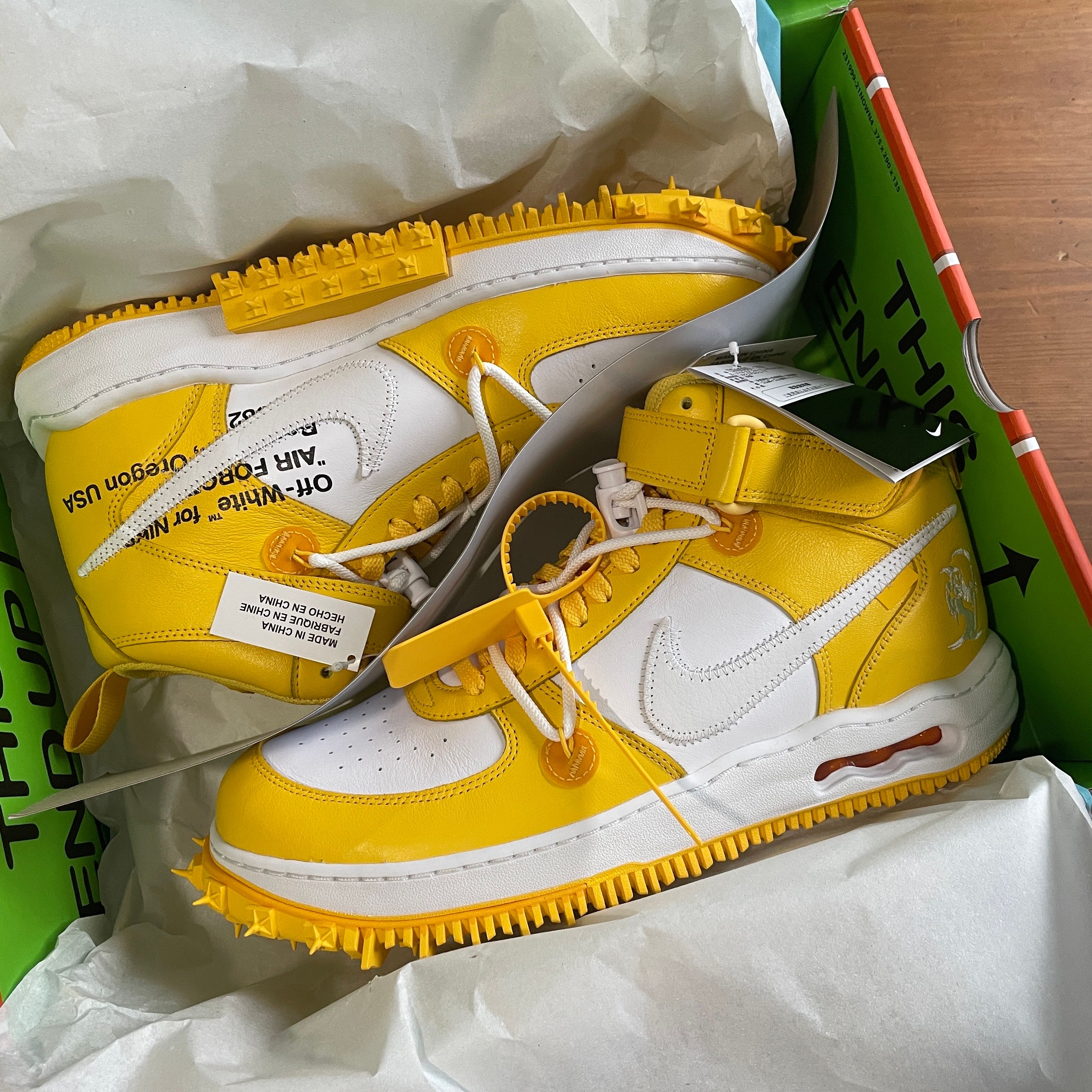 Off-White × Nike Air Force 1 Mid SP LTHR "White and Varsity Maize"