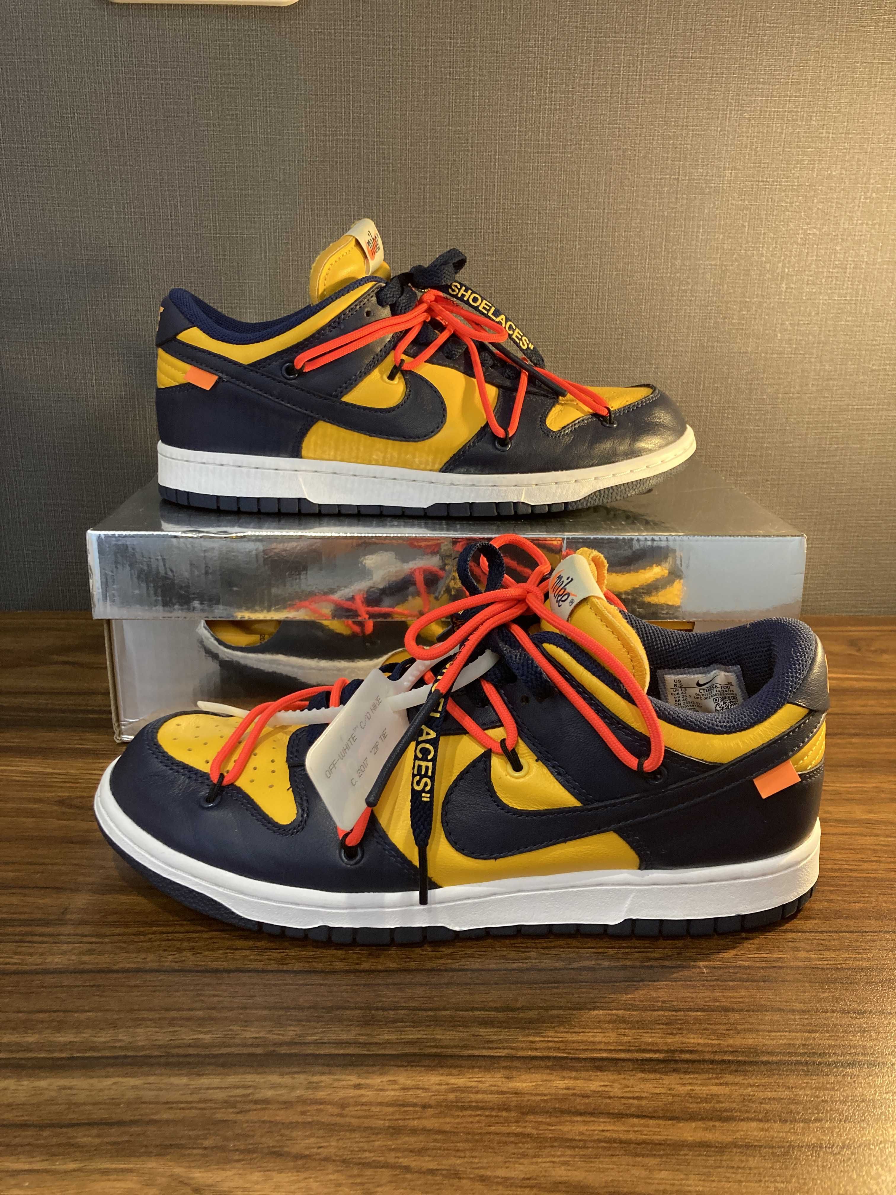Off-White × Nike Dunk Low LTHR "University Gold/Midnight Navy/White"