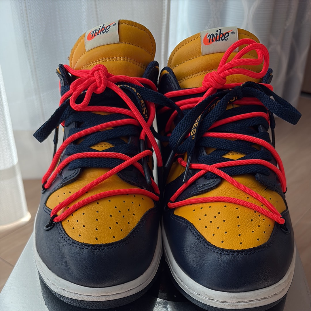 Off-White × Nike Dunk Low  LTHR "University Gold/Midnight Navy/White"