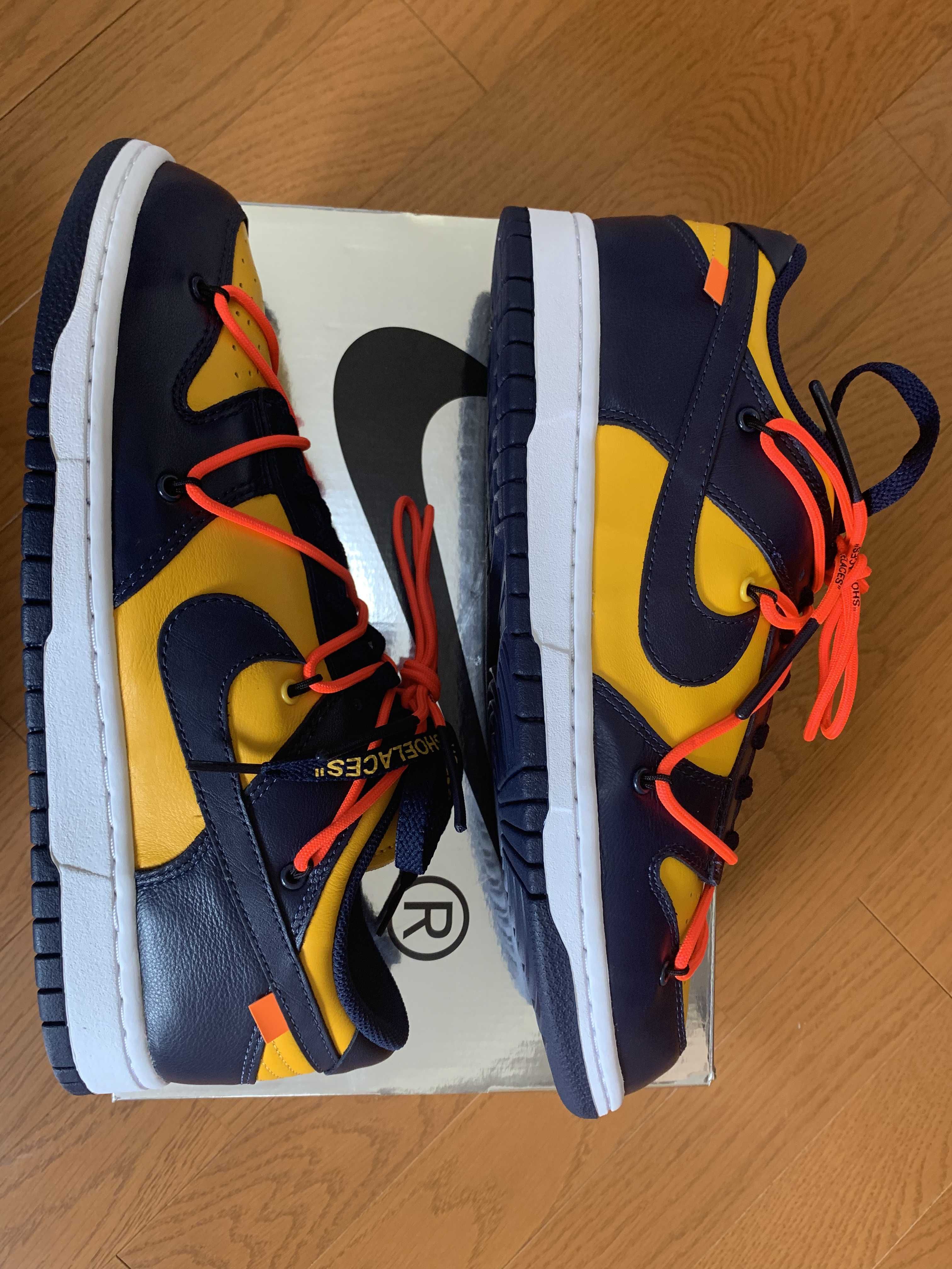 Off-White × Nike Dunk Low  LTHR "University Gold/Midnight Navy/White"
