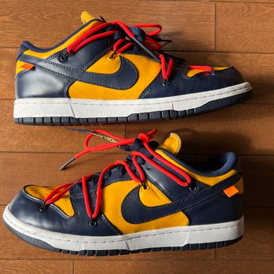 Off-White × Nike Dunk Low LTHR "University Gold/Midnight Navy/White"